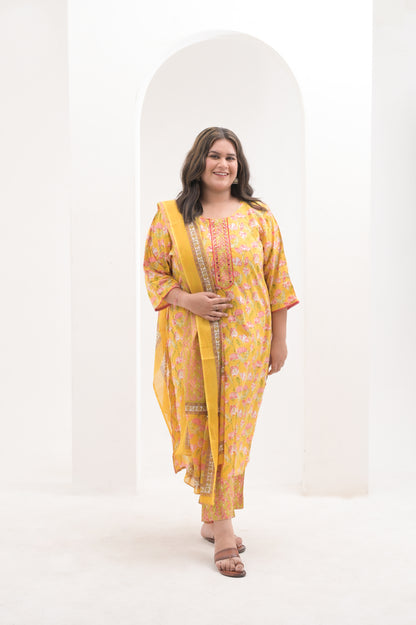 Yellow with Pink highlights, Mirror Work on net, Cotton Floral print  Suit Set