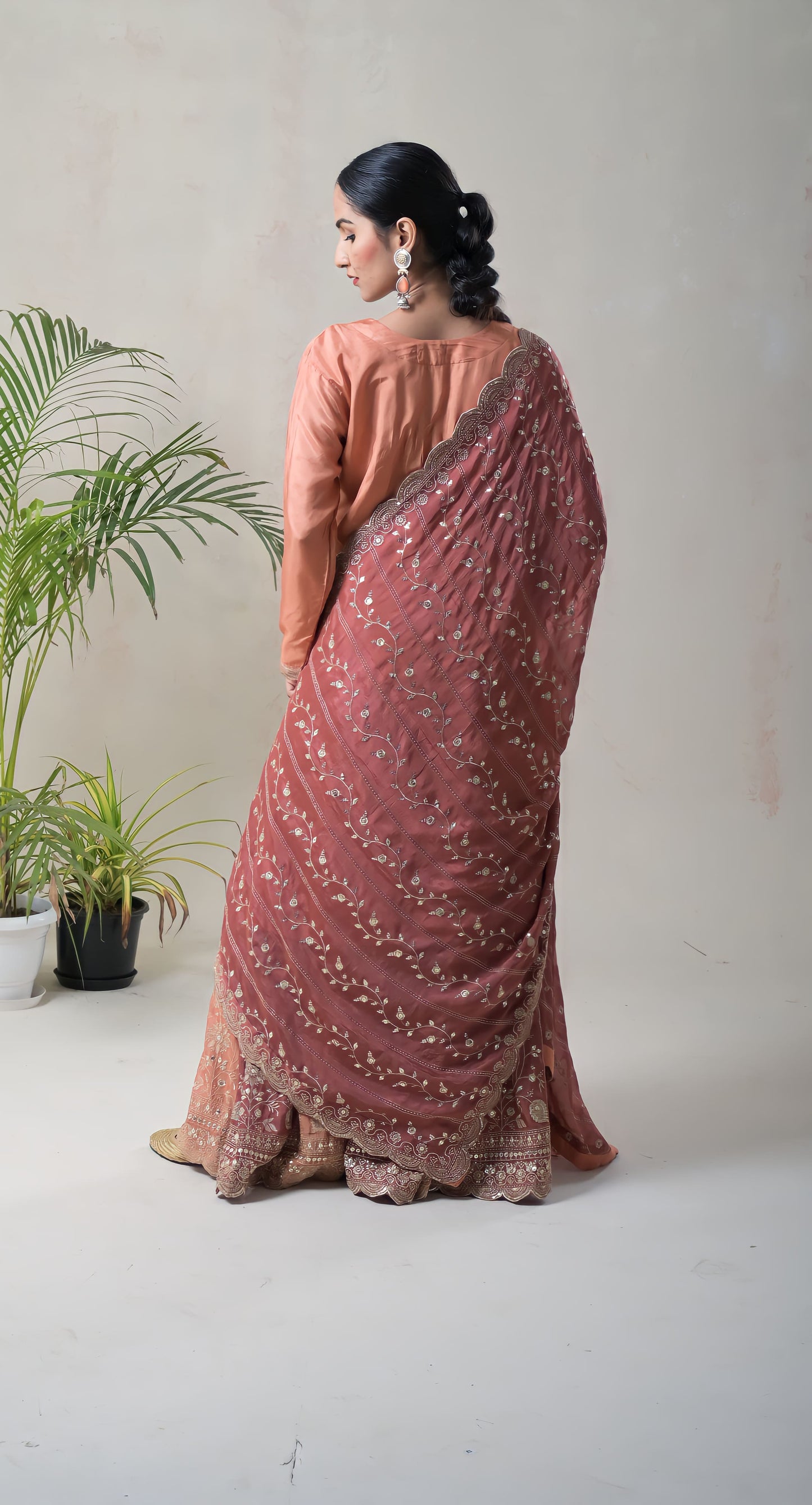 rust, aari work, silk lehnga