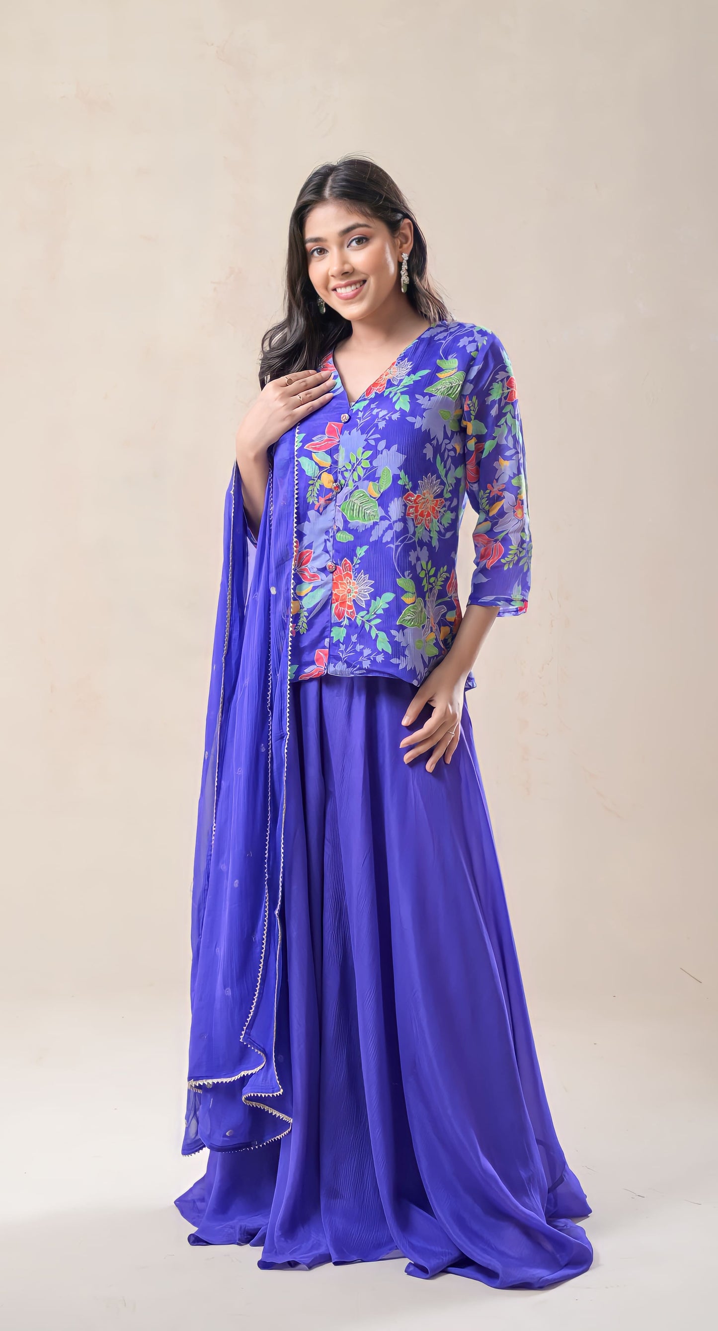 purple, resham embroidery, short top & flare palazzo georgette palazzo/sharara