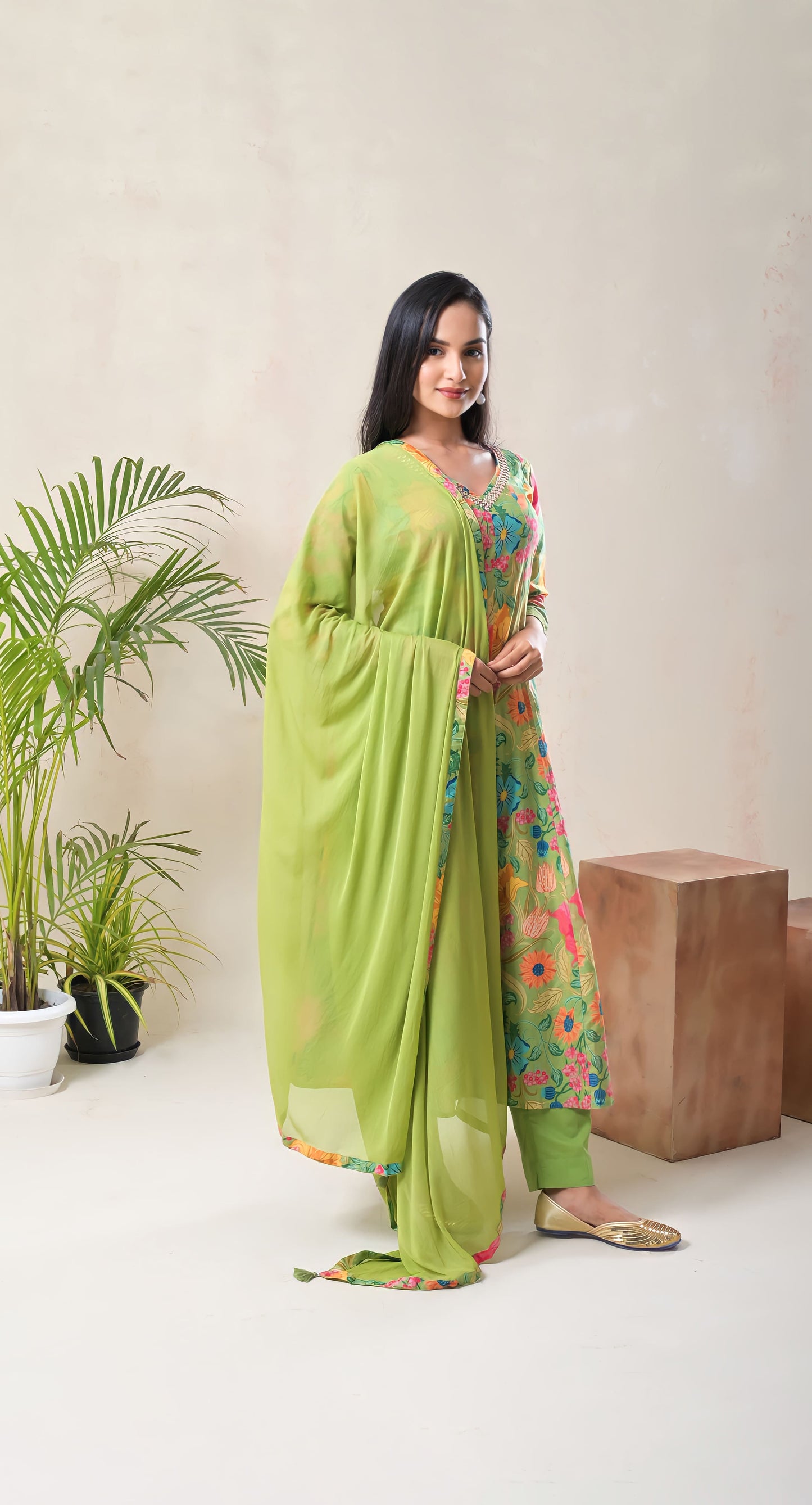 parrot green, mirror work, anarkali, floral printed, mirror work, cotton suit