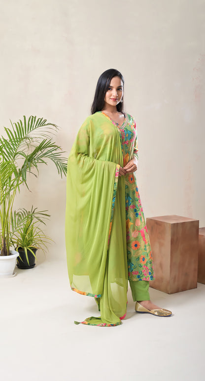 Parrot Green, Mirror Work, Anarkali, Floral Printed, Mirror Work, Cotton Suit