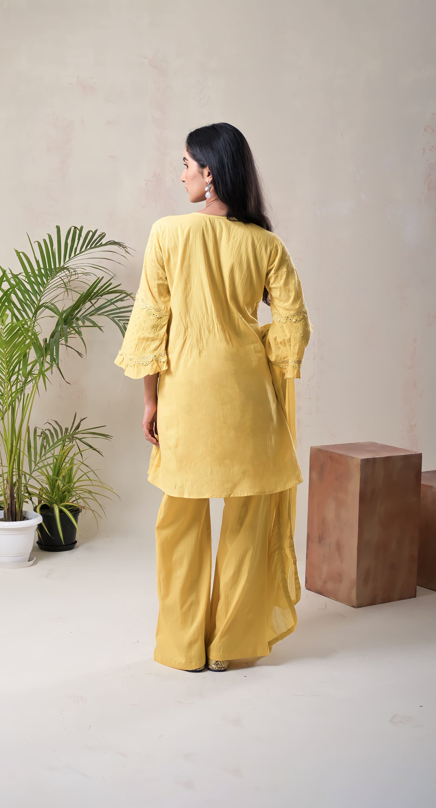 sunflower yellow, thread embroidery, schiffli work, cotton suit