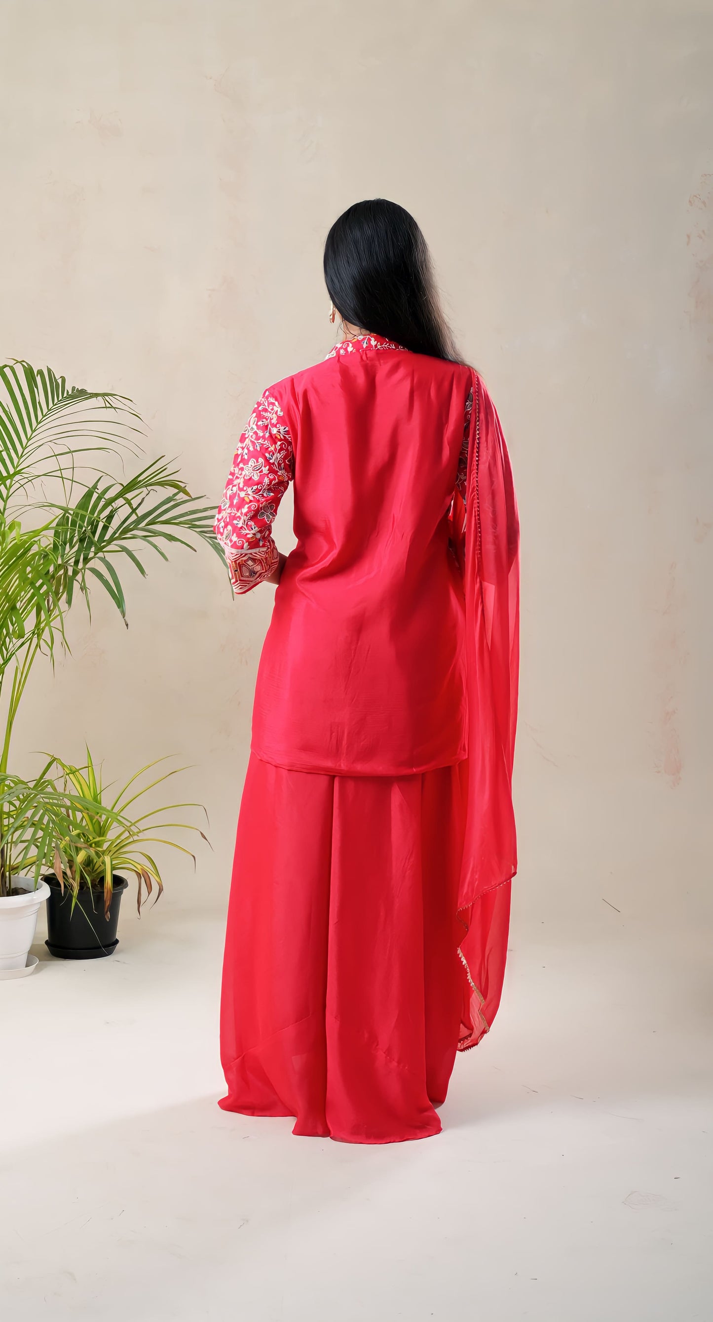 red, paisley resham embroidery , georgette plazzo/sharara