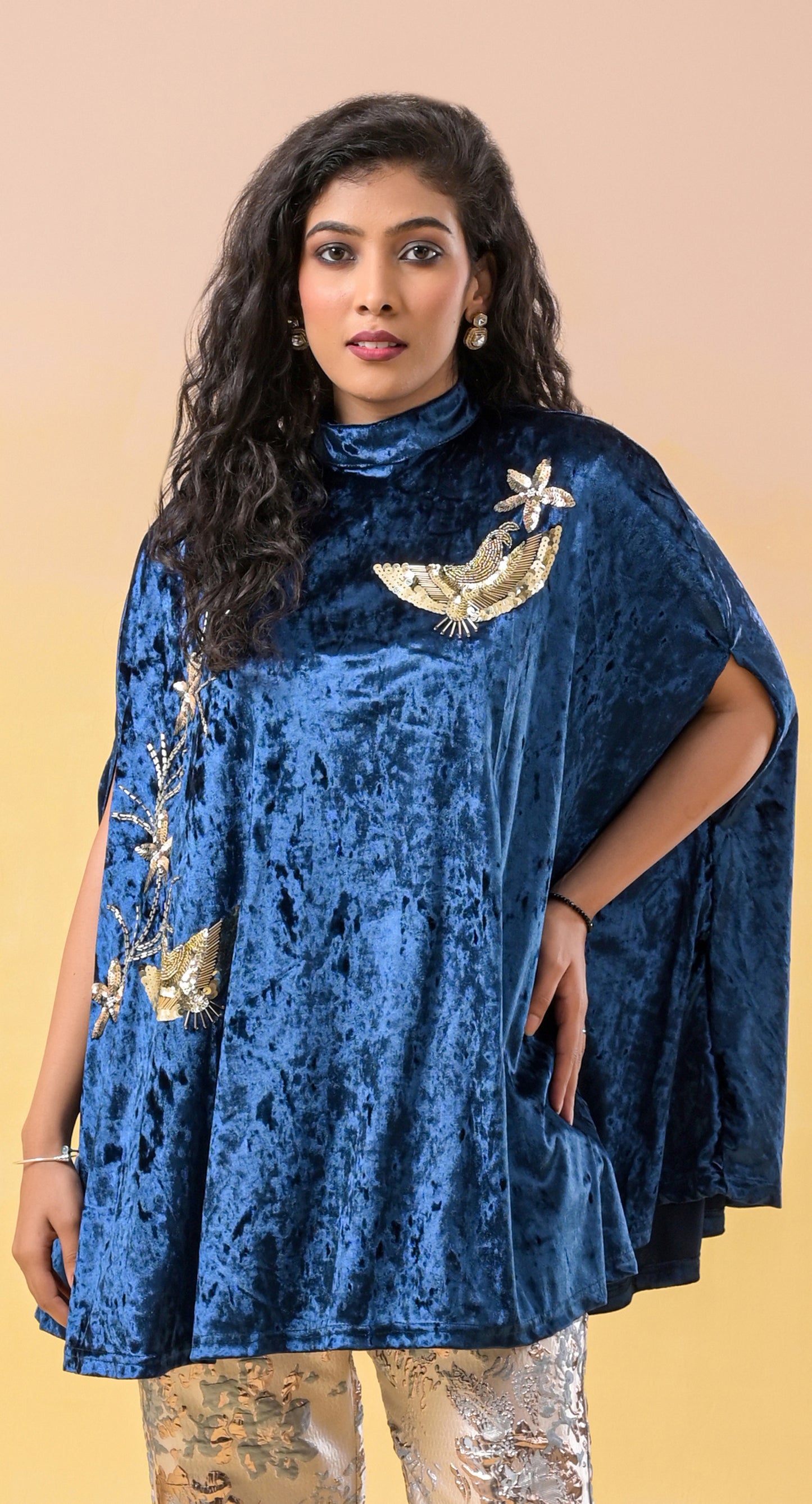 royal-blue hand-embroidered velvet and silk occasion-wear co-ord set