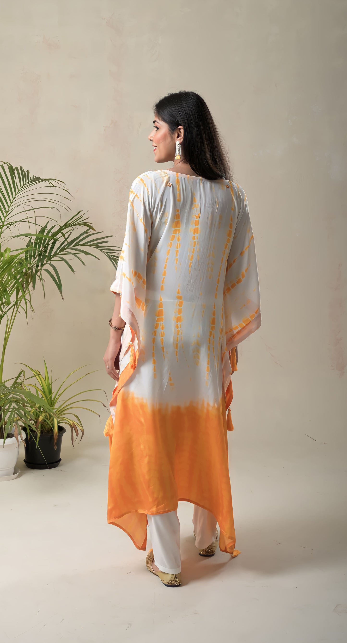 white & yellow ombre, mirror work, crepe , kaftan co-rd set