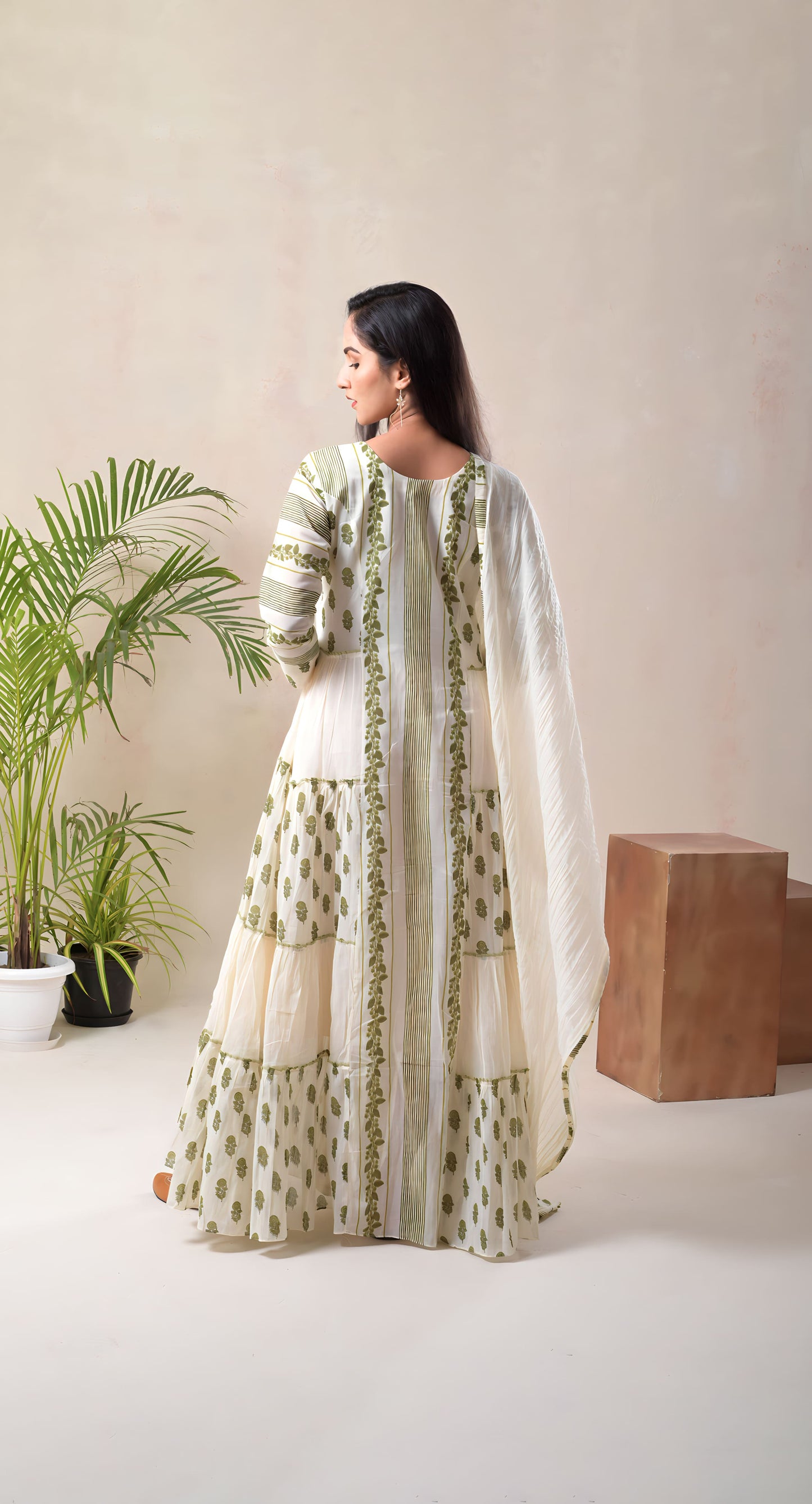 white & green, block print, cotton gown