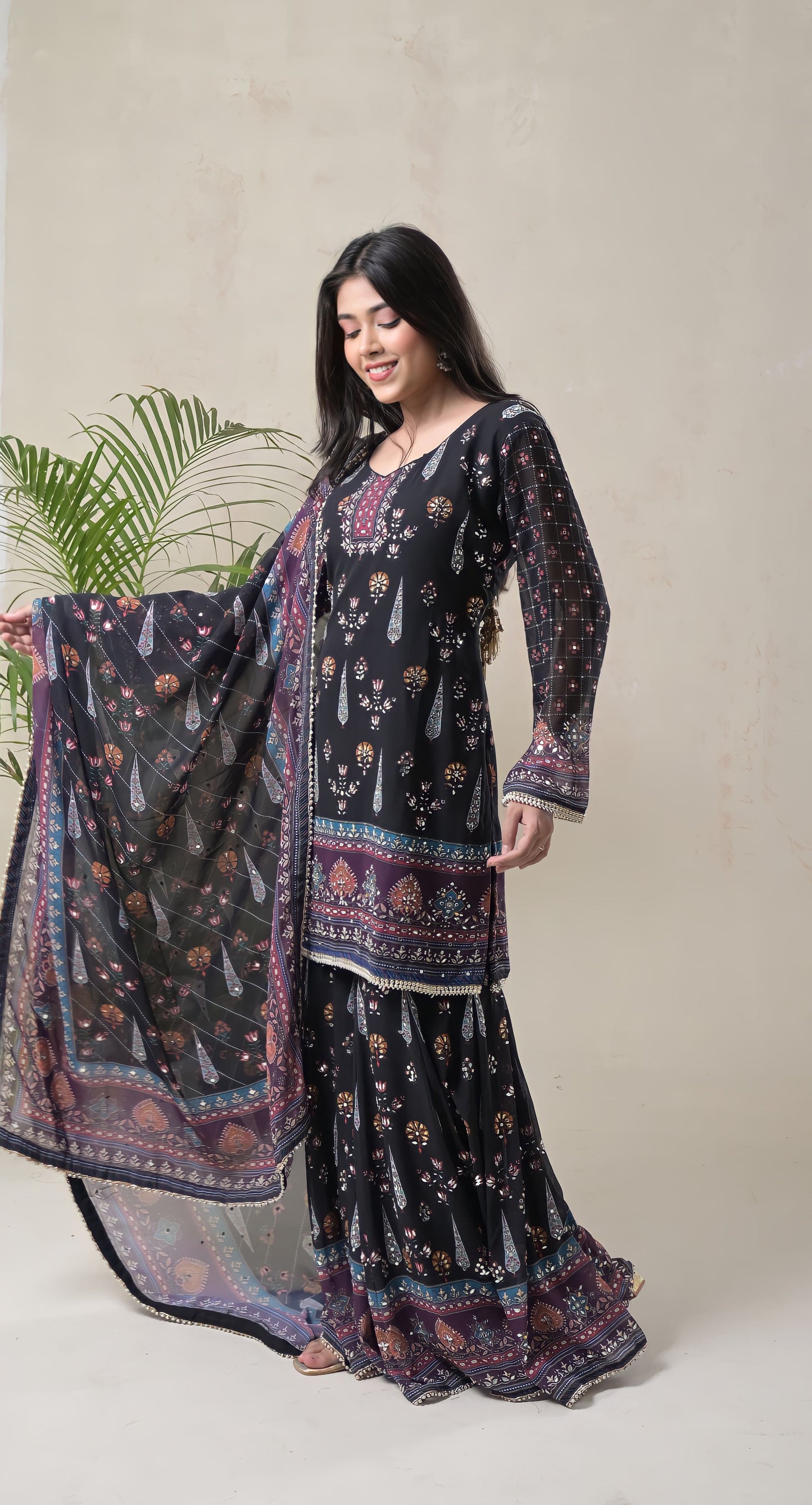 black, digital print, mughal motifs, mirror work, crepe & georgette sharara