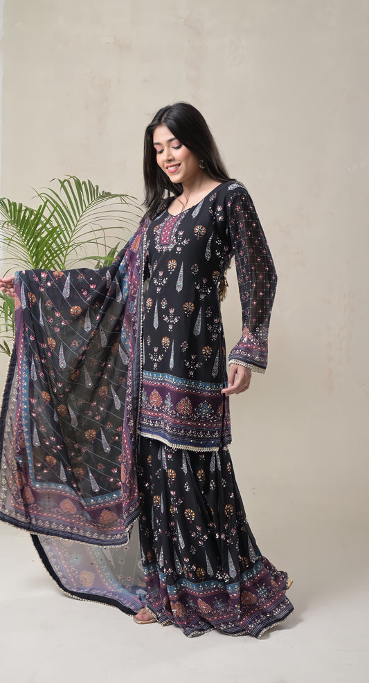 Black, Digital Print, Mughal Motifs, Mirror Work, Crepe & Georgette Sharara