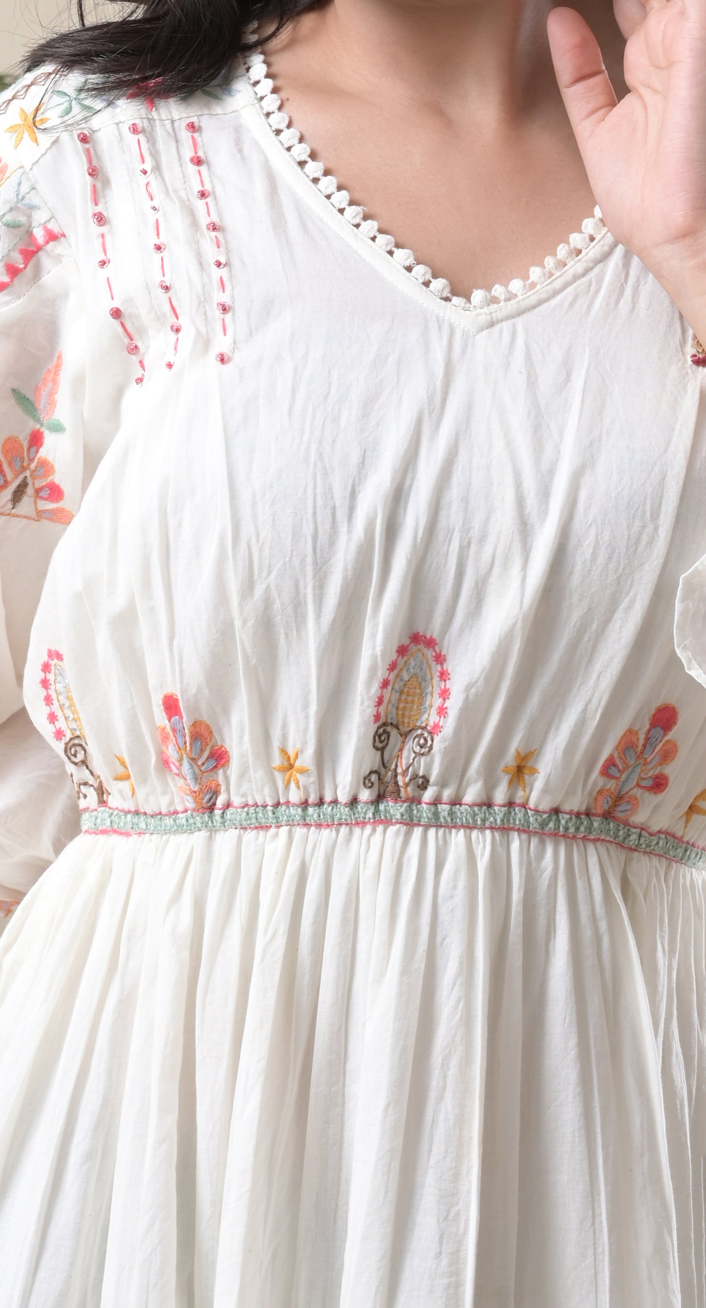 white, resham embroidery, tassels & dori, mul cotton, short dress