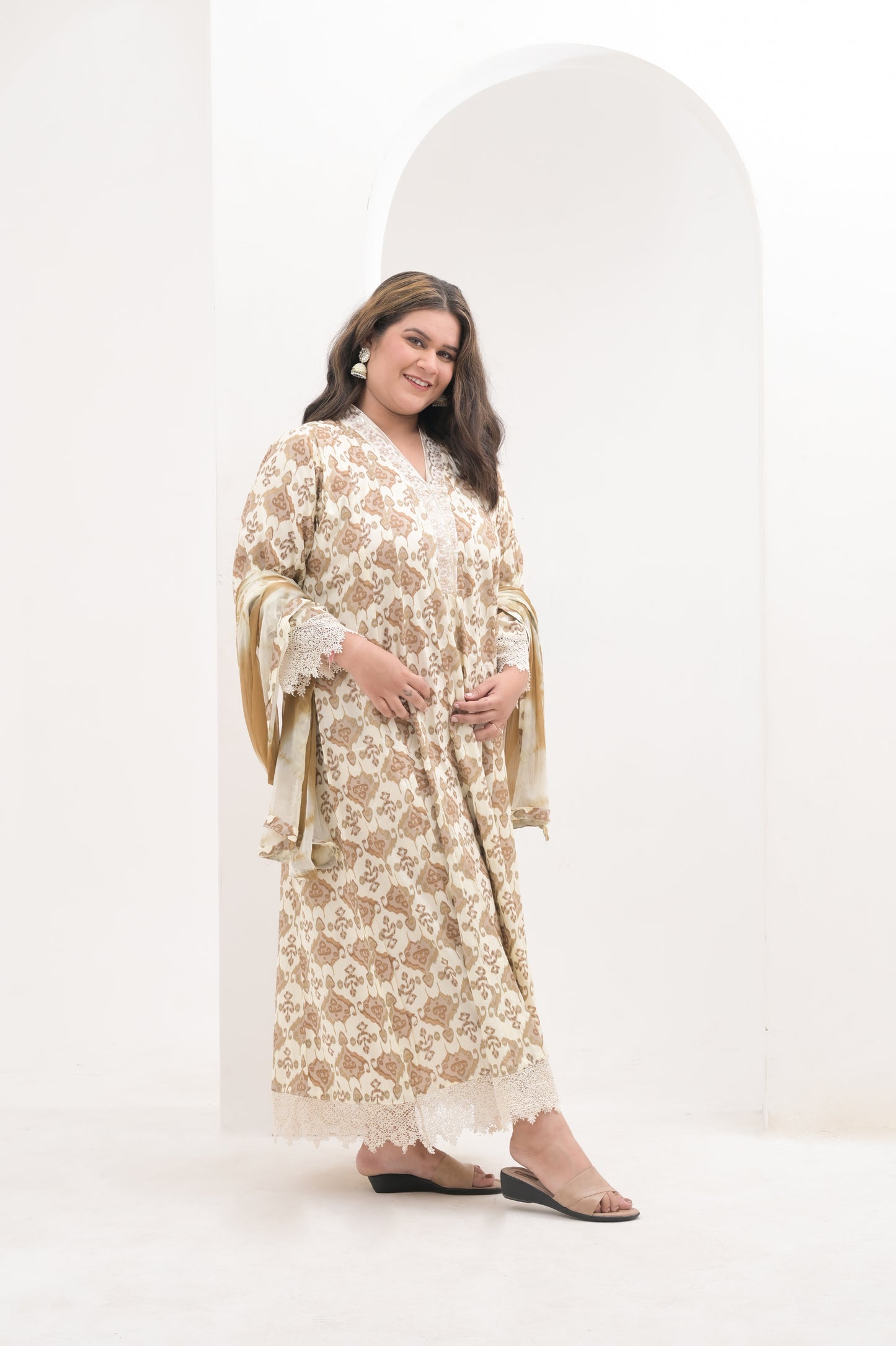 off white, mirror work neckline, lace sleeves, ikkat print, cotton anarkali suit set