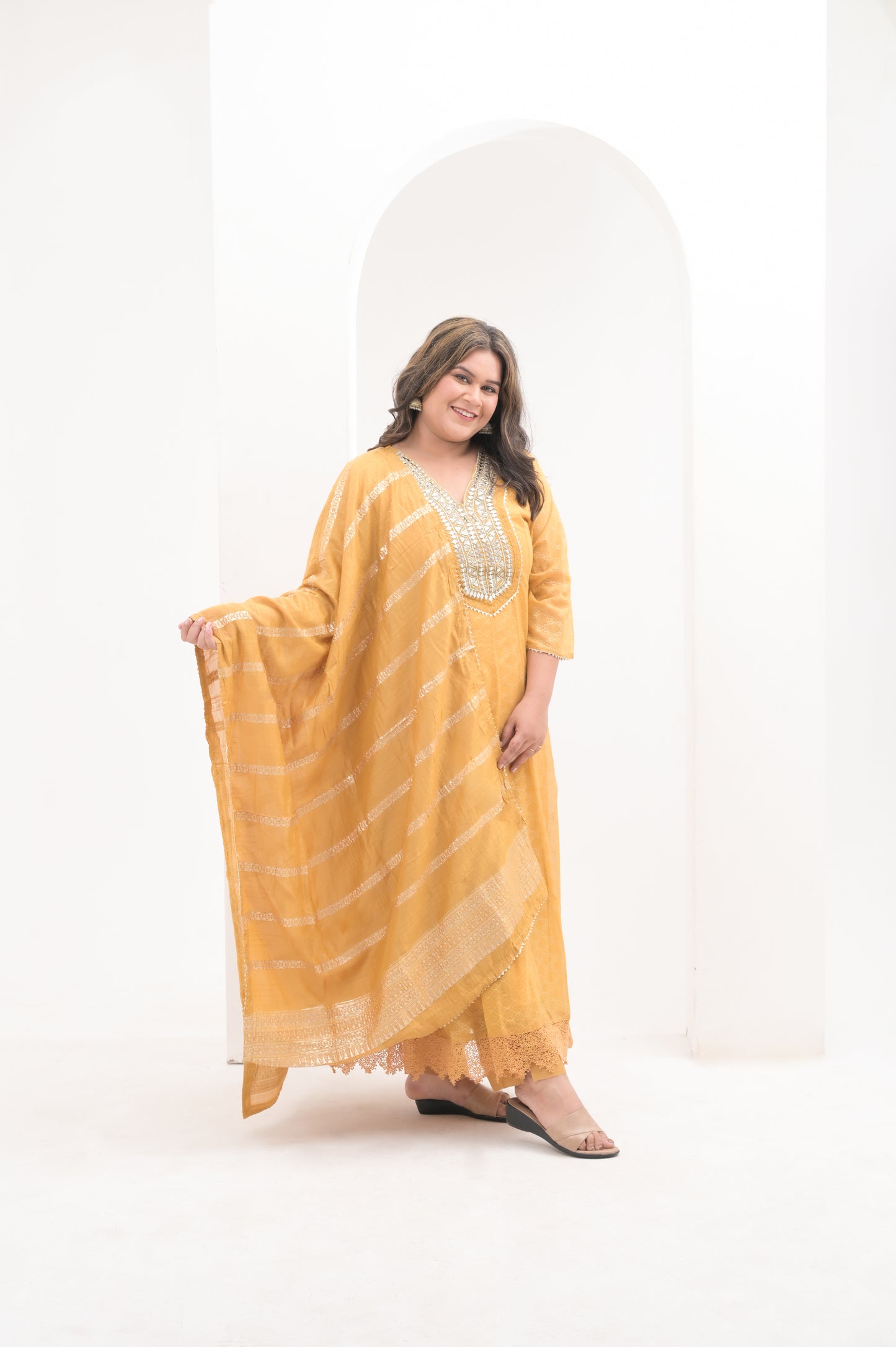 mustard yellow, foil print & mirror work, mustard,  georgette  anarkali suit