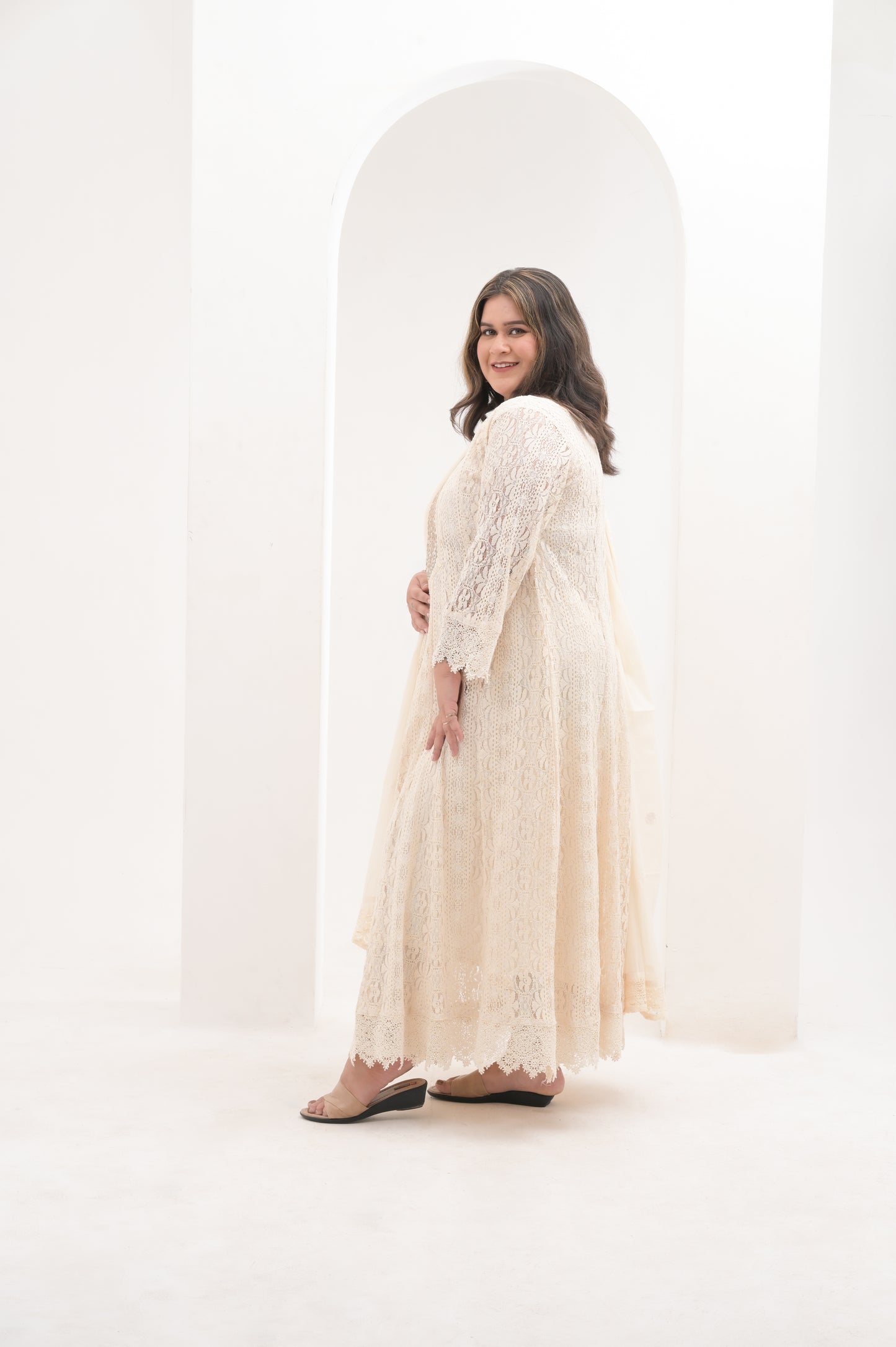 off-white, mirror work neckline,  cotton net,  anarkali suit set