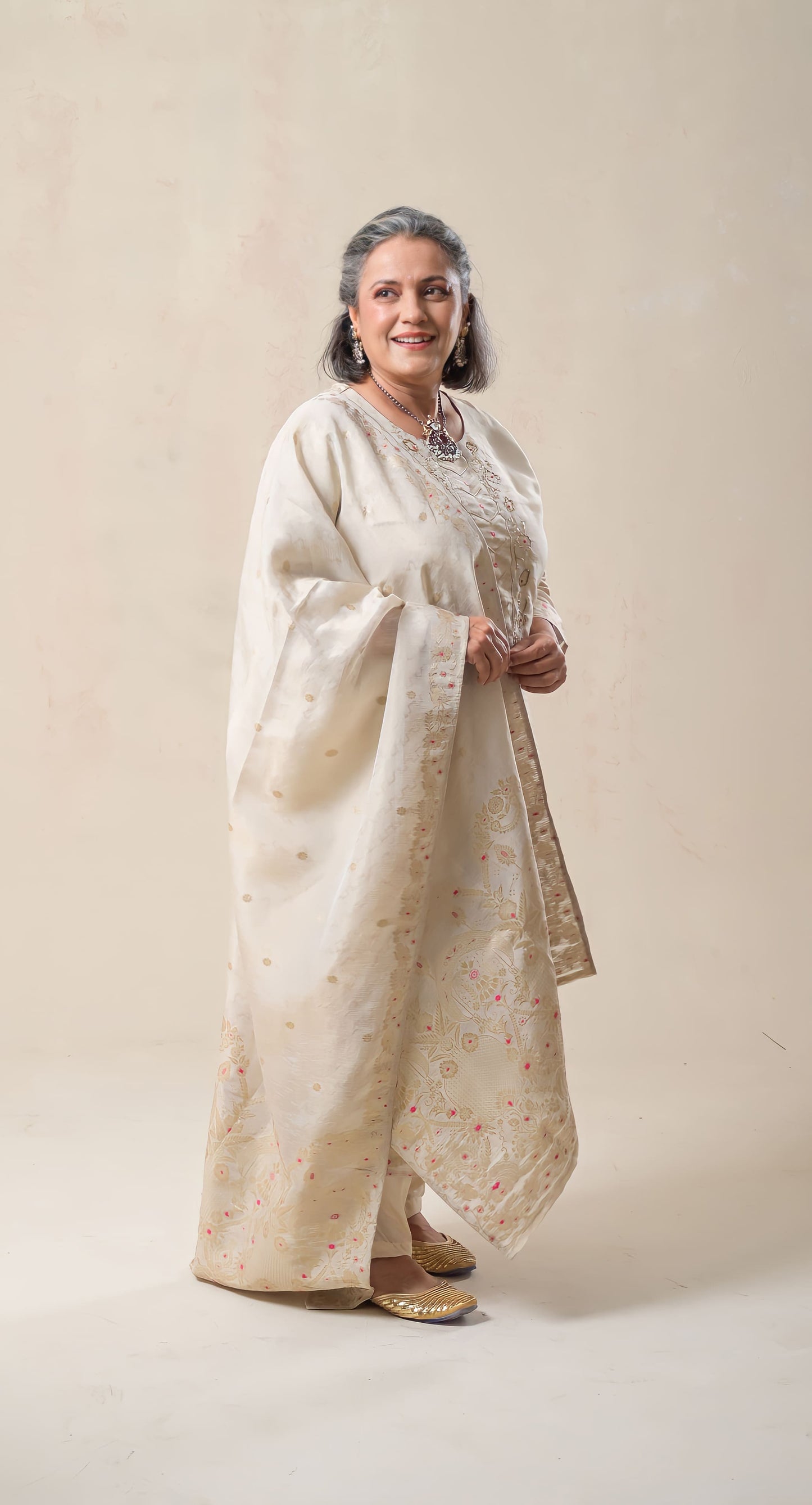 tissue banarasi ivory straight suit set