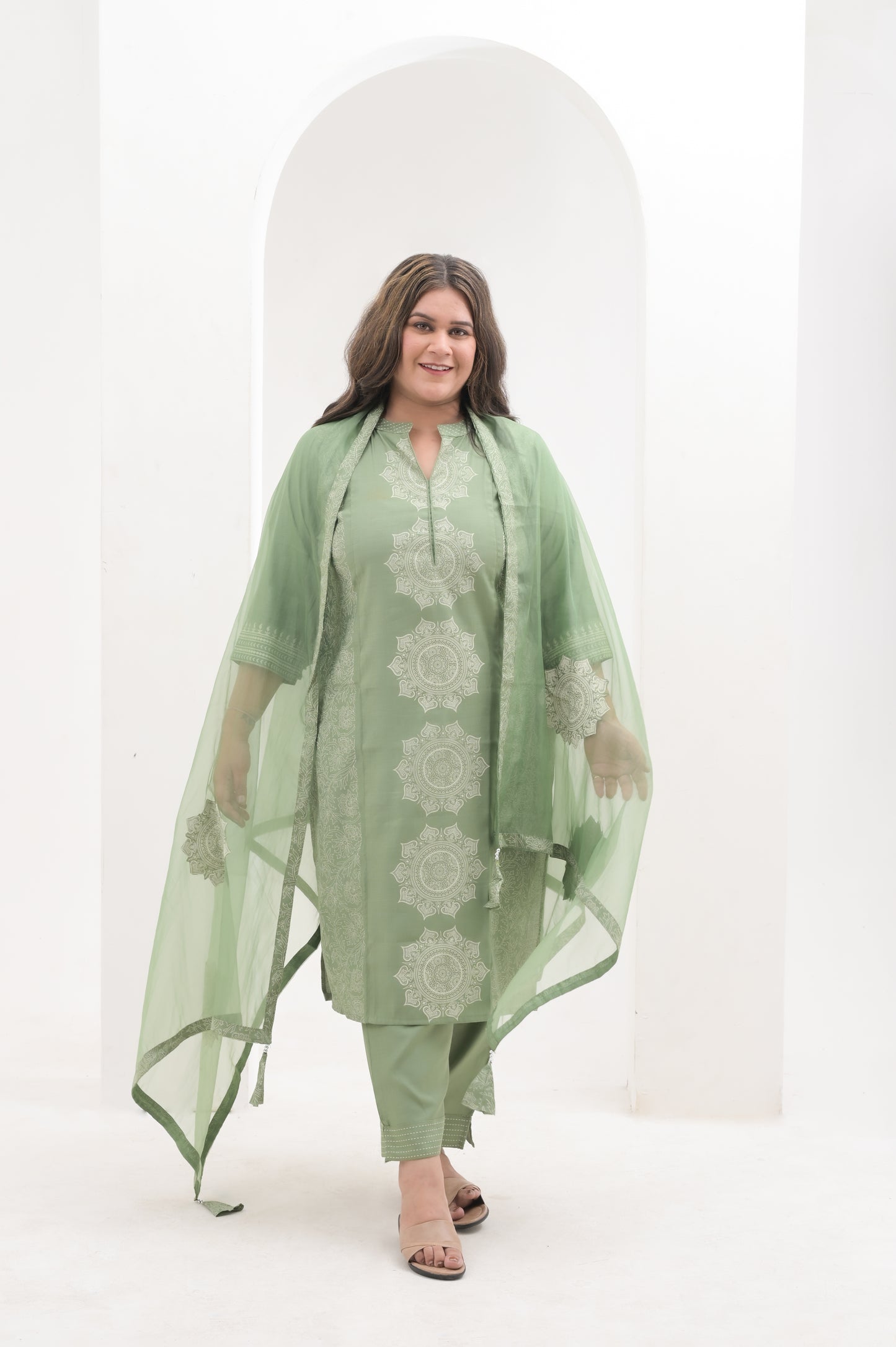 pista green, block print ,  chanderi cotton straight suit