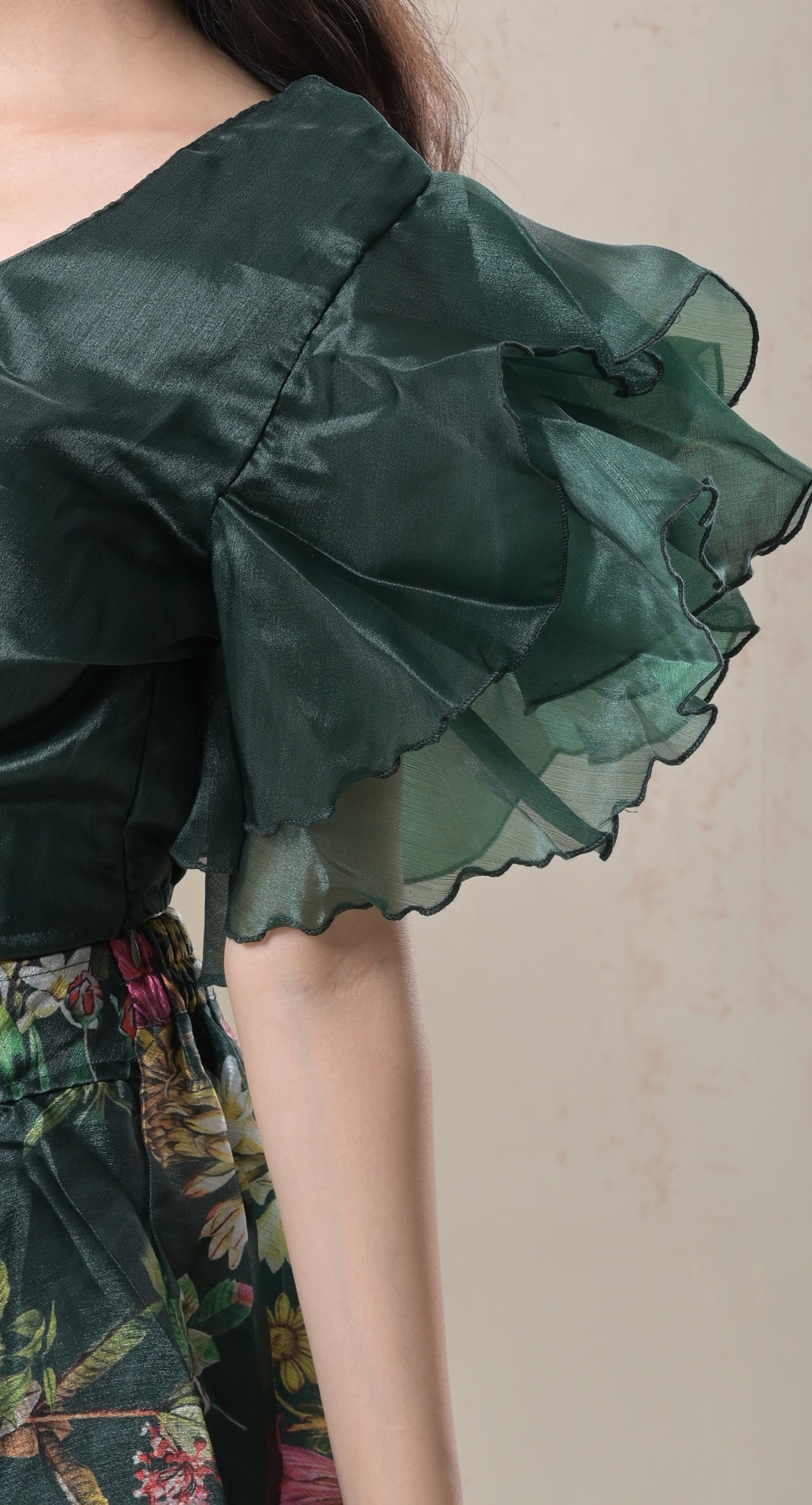 dark green, ruffle sleeves blouse, floral skirt, organza skirt set