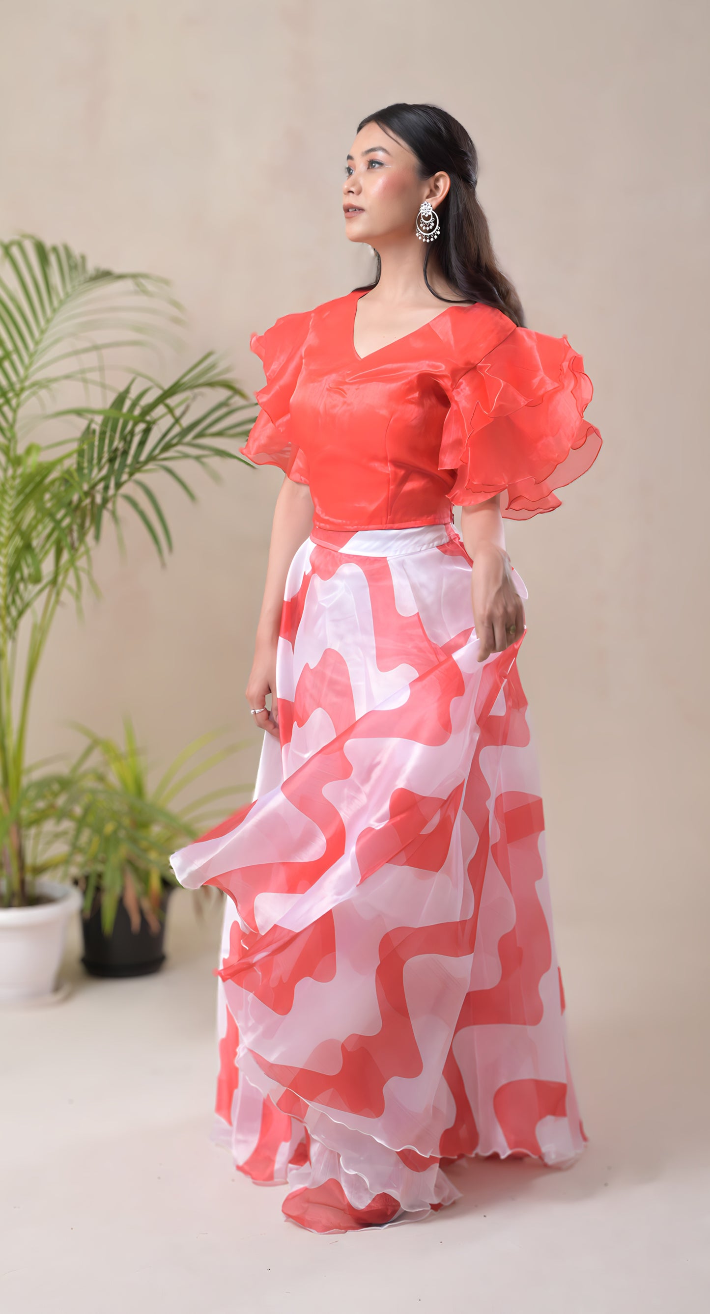 orange, ruffle sleeve blouse & digital abstract  print skirt, organza skirt set