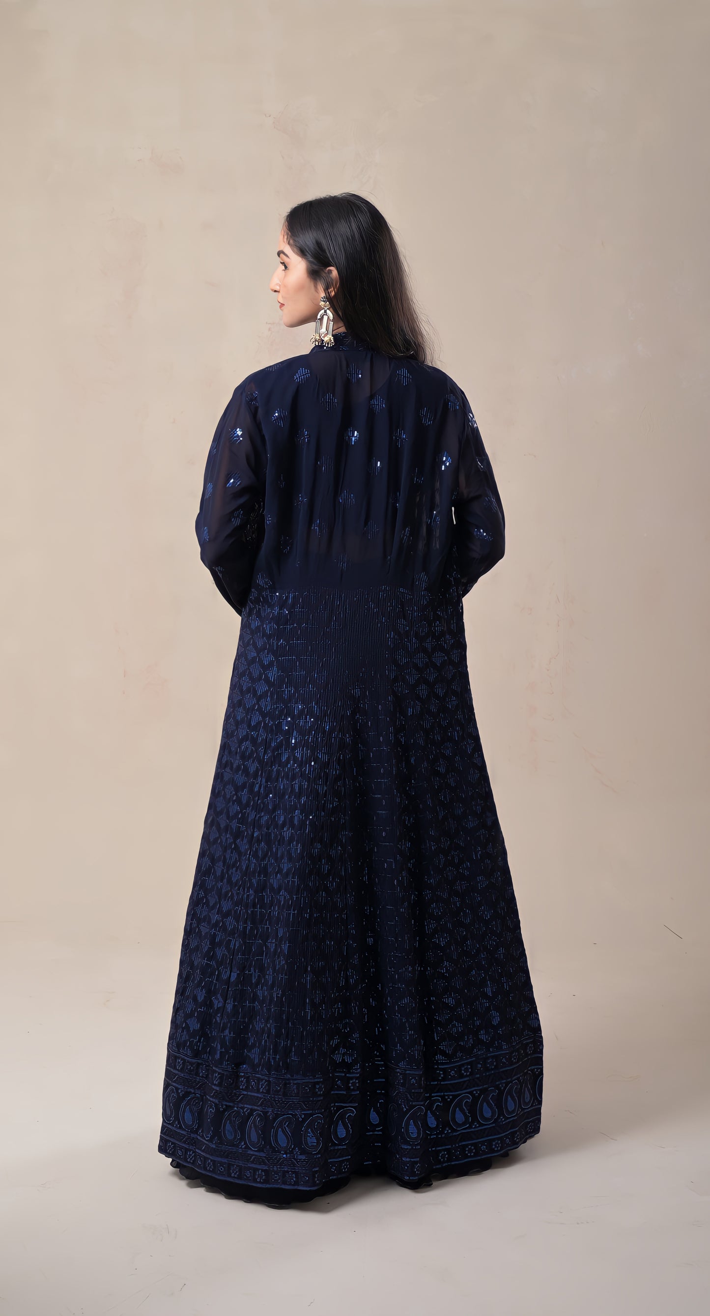 navy blue, long jacket style, crop top , mirror & sequence work, chinon, lehnga set