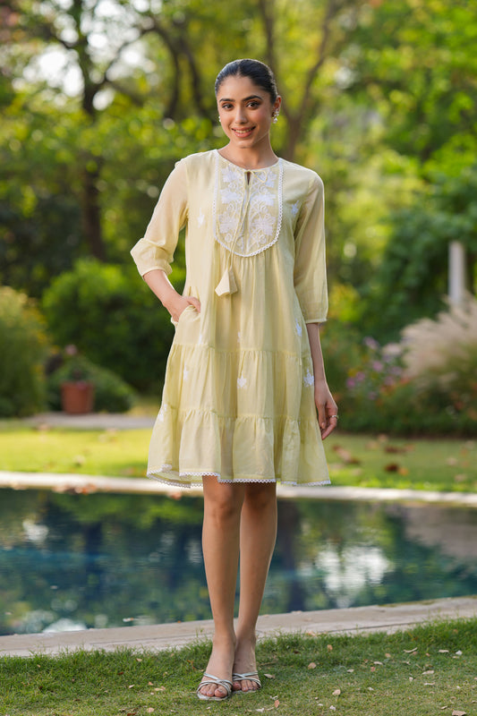 Lime-Green ,Mul-Cotton, Thread Embroidered Short Dress for Summers