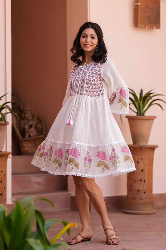 White and Fuchsia, Pure Cotton Short Dress for Summers