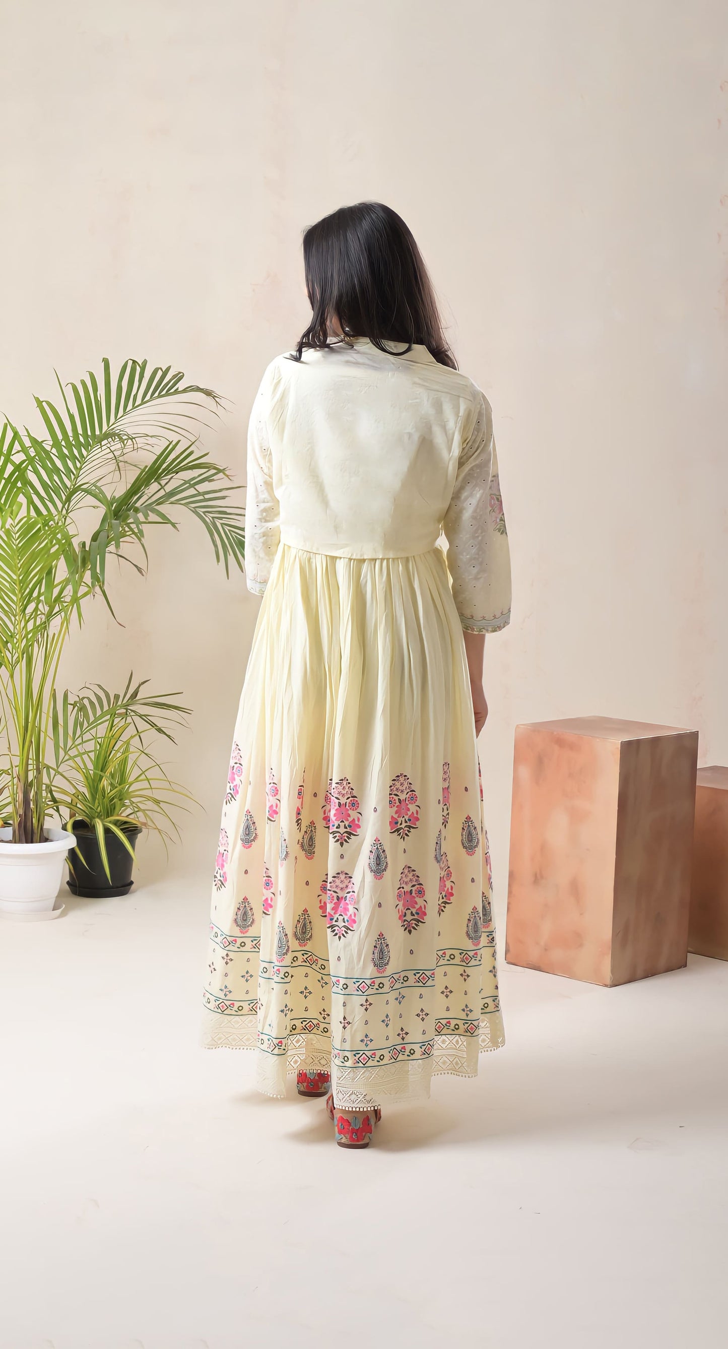 lemon yellow, block print, thread embroidery multi cotton ,anarkali suit