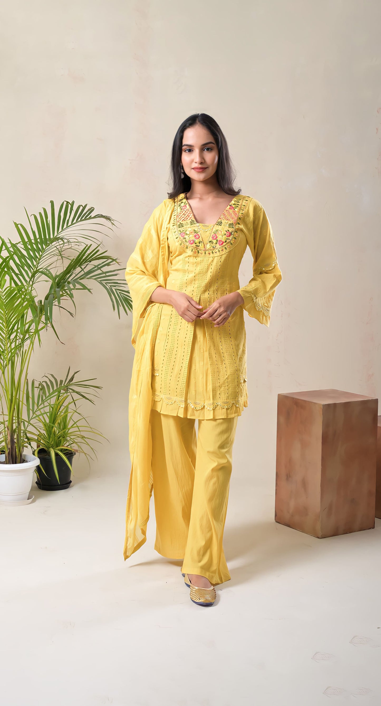 sunflower yellow, thread embroidery, schiffli work, cotton suit