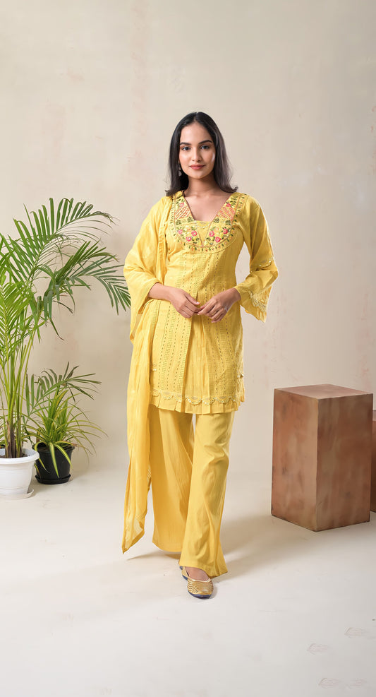 Sunflower Yellow, Thread Embroidery, Schiffli Work, Cotton Suit