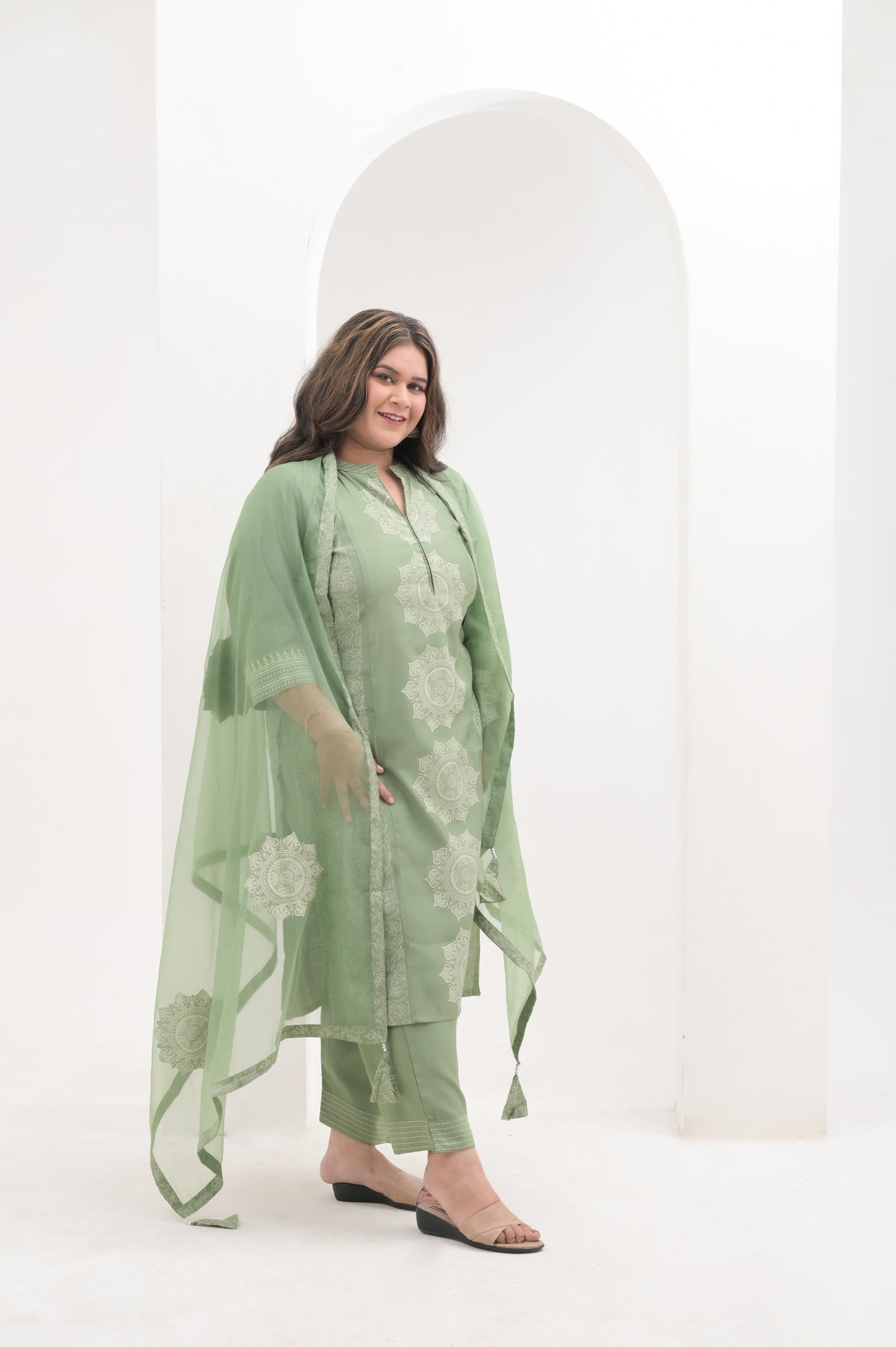 pista green, block print ,  chanderi cotton straight suit