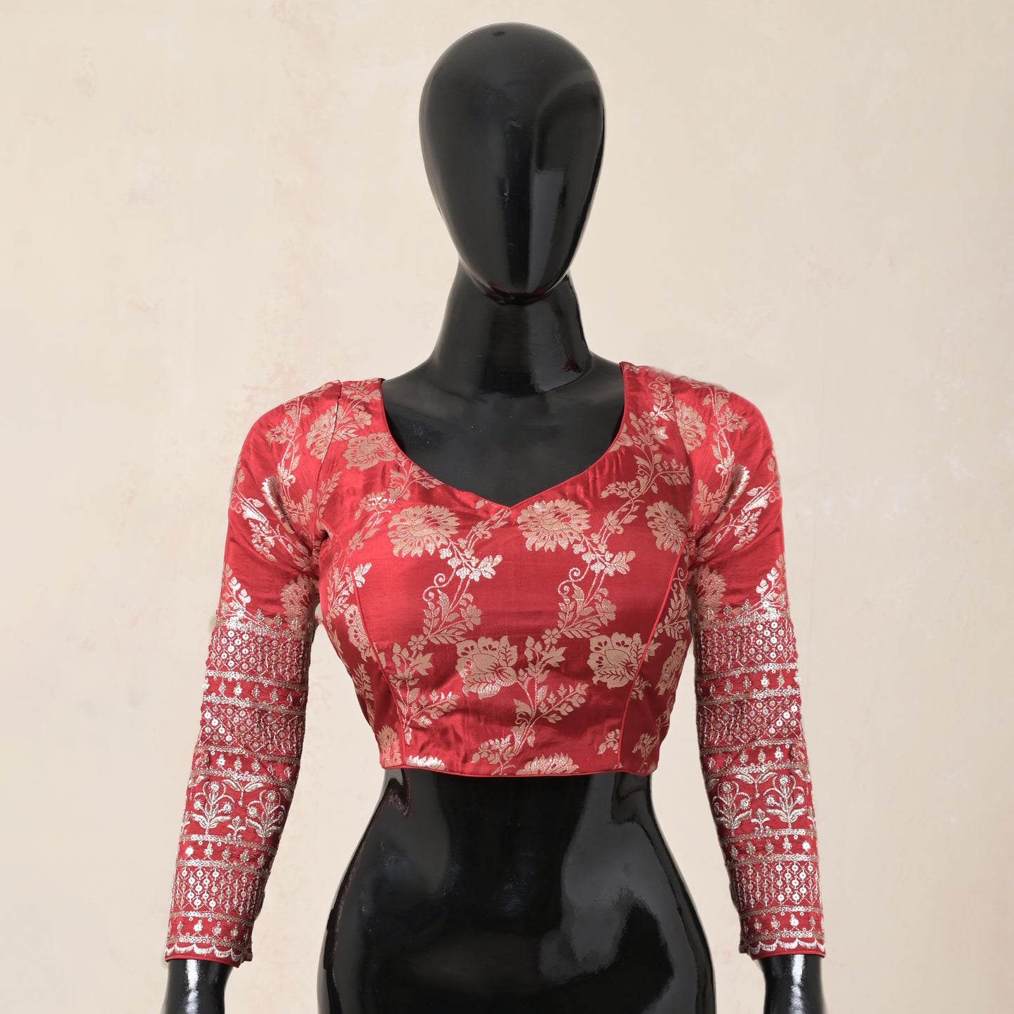 red,  floral zari weaving , benarsi silk, blouse