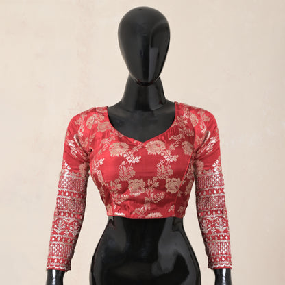 Red,  Floral Zari Weaving , Benarsi Silk, Blouse