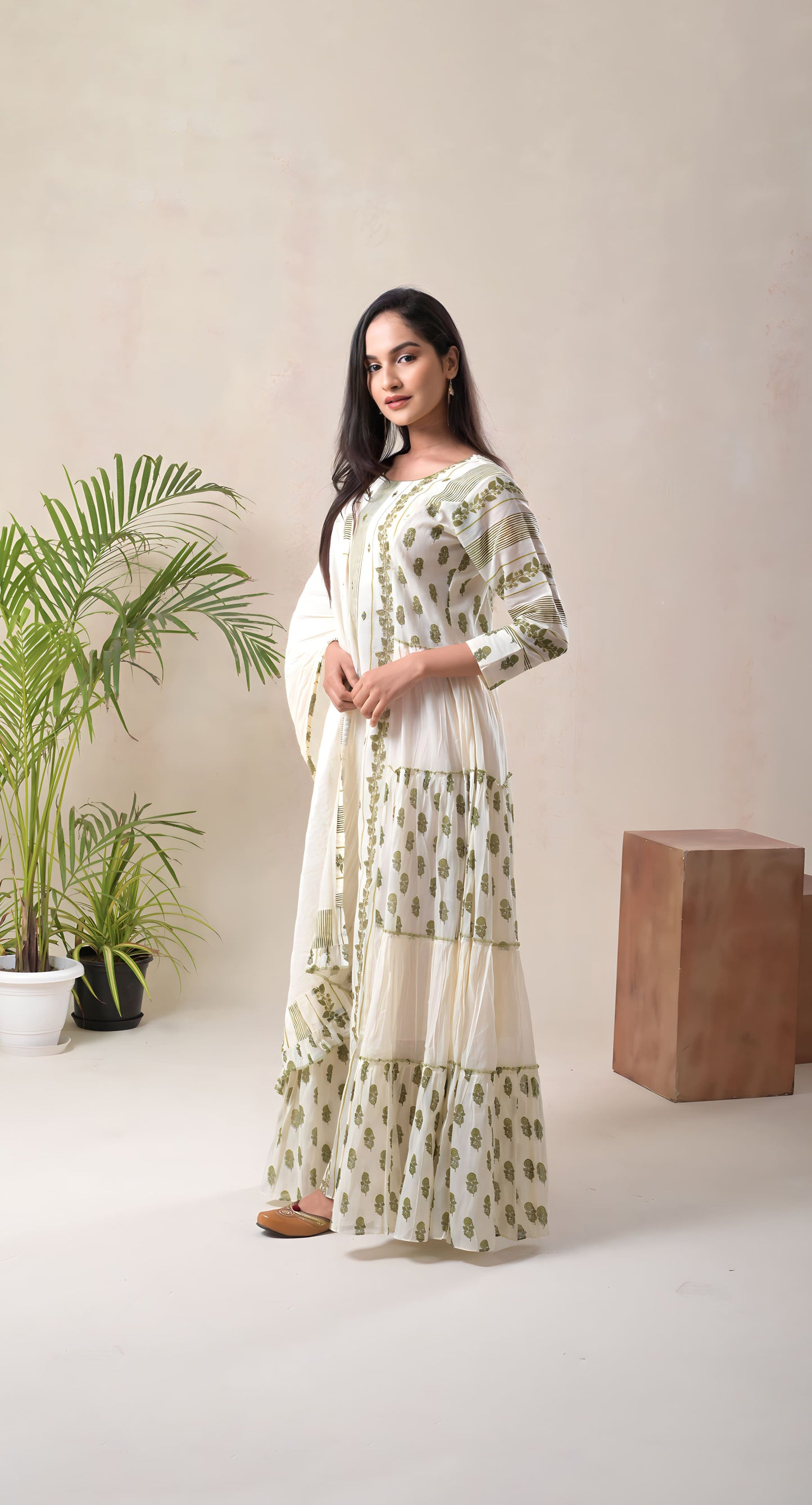 white & green, block print, cotton gown