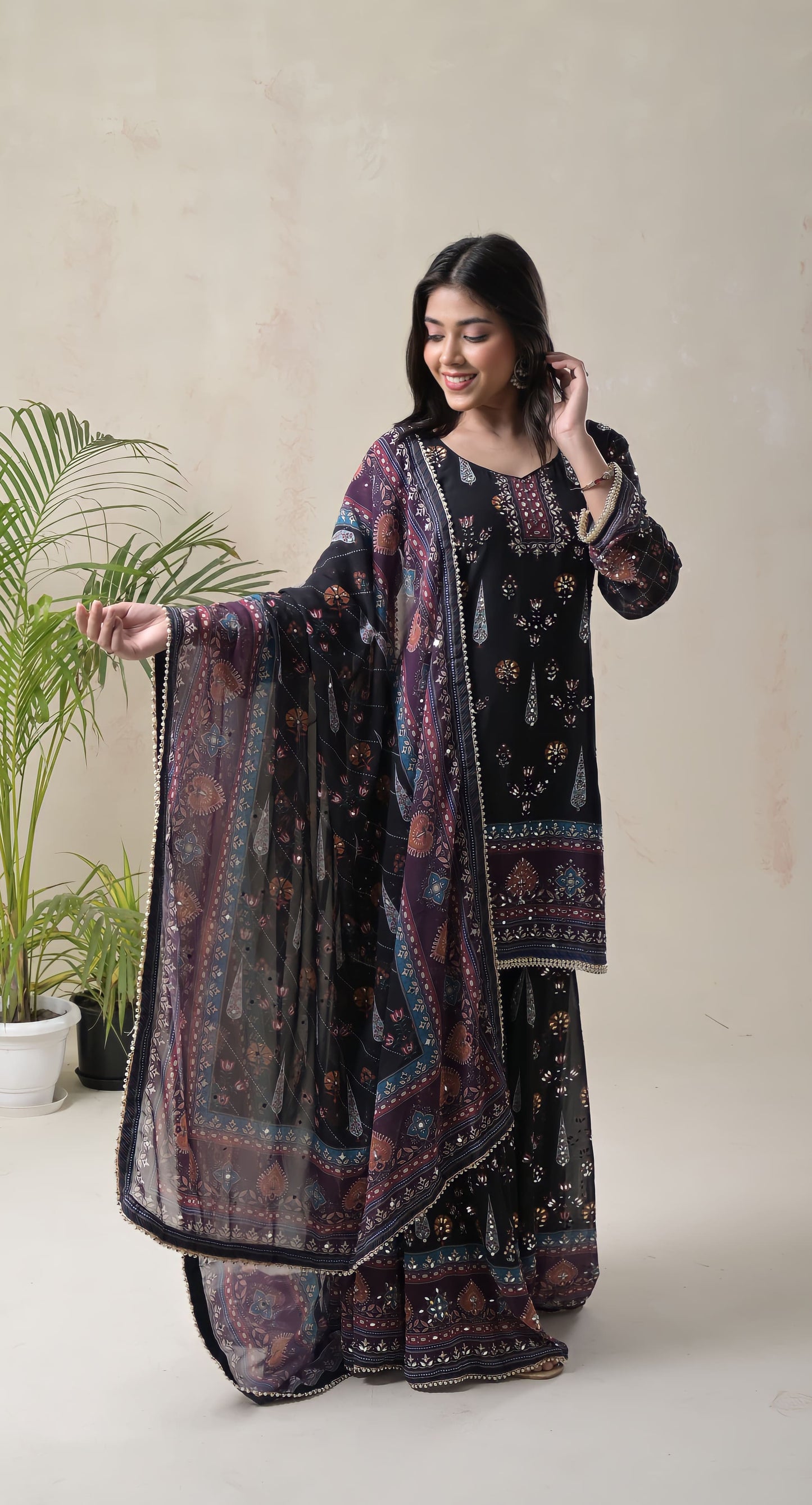 black, digital print, mughal motifs, mirror work, crepe & georgette sharara