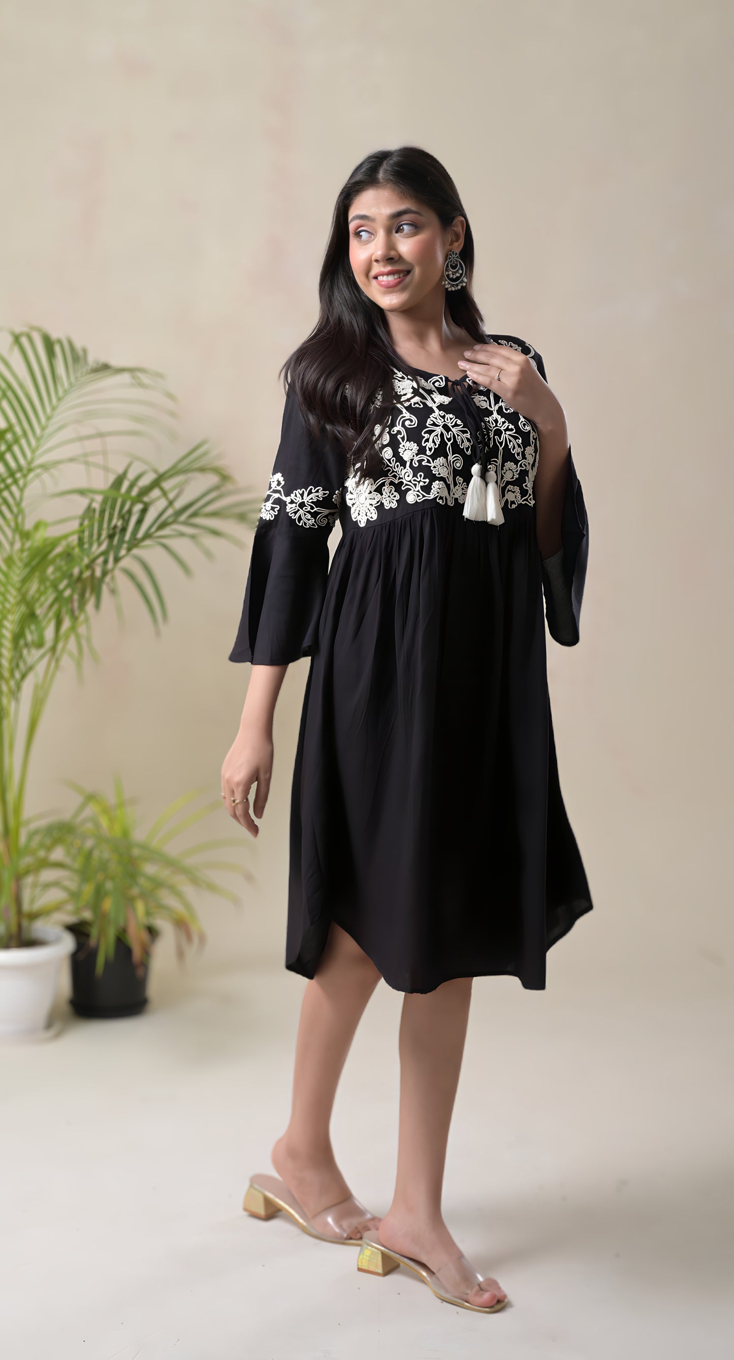 black, thread embroidered , rayon, smart casual, short dress