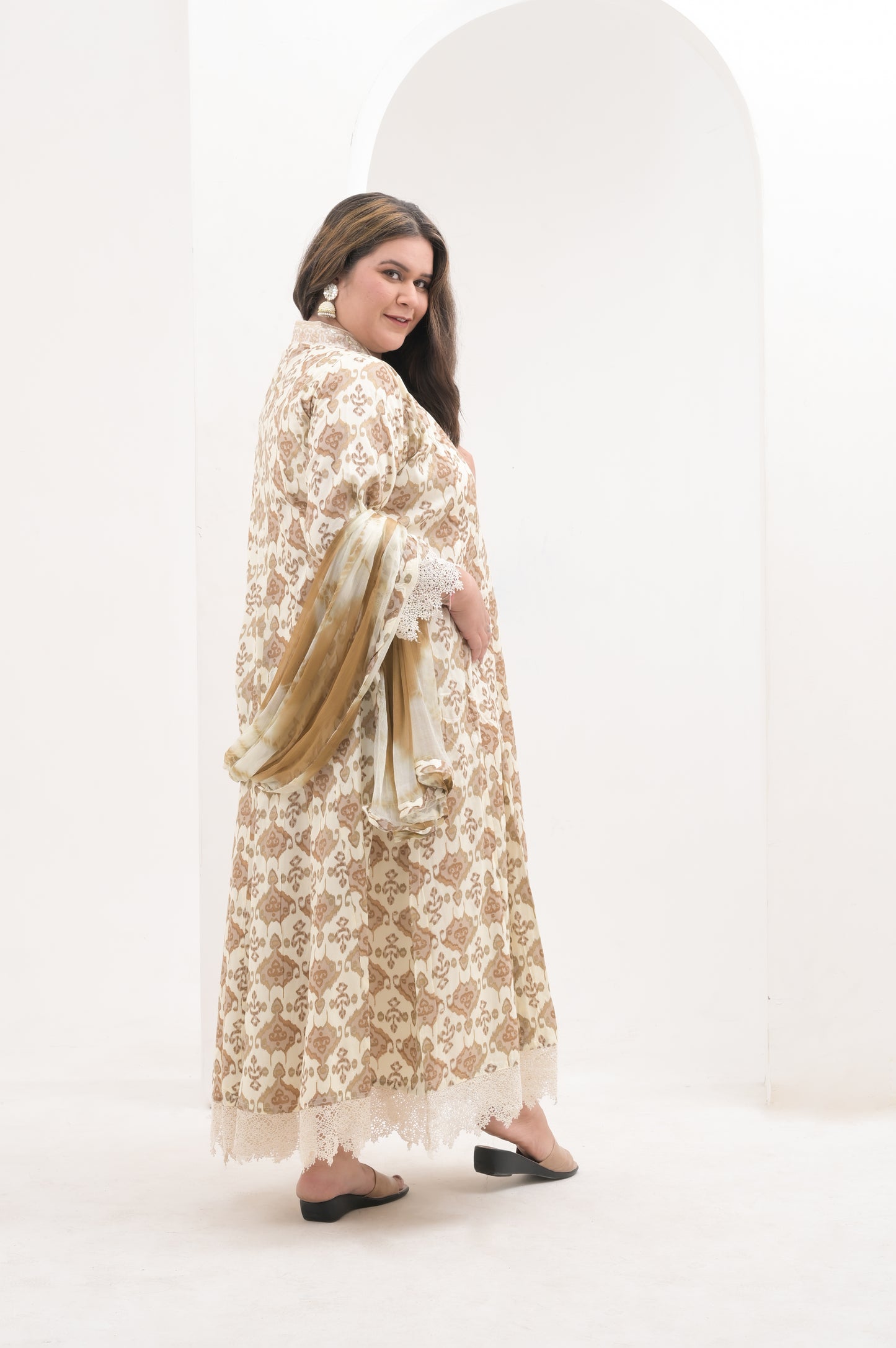 off white, mirror work neckline, lace sleeves, ikkat print, cotton anarkali suit set