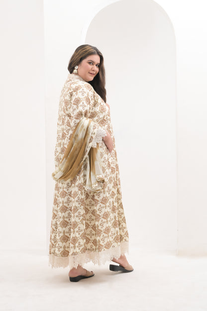 Off White, Mirror Work Neckline, Lace Sleeves, Ikkat Print, Cotton Anarkali Suit Set