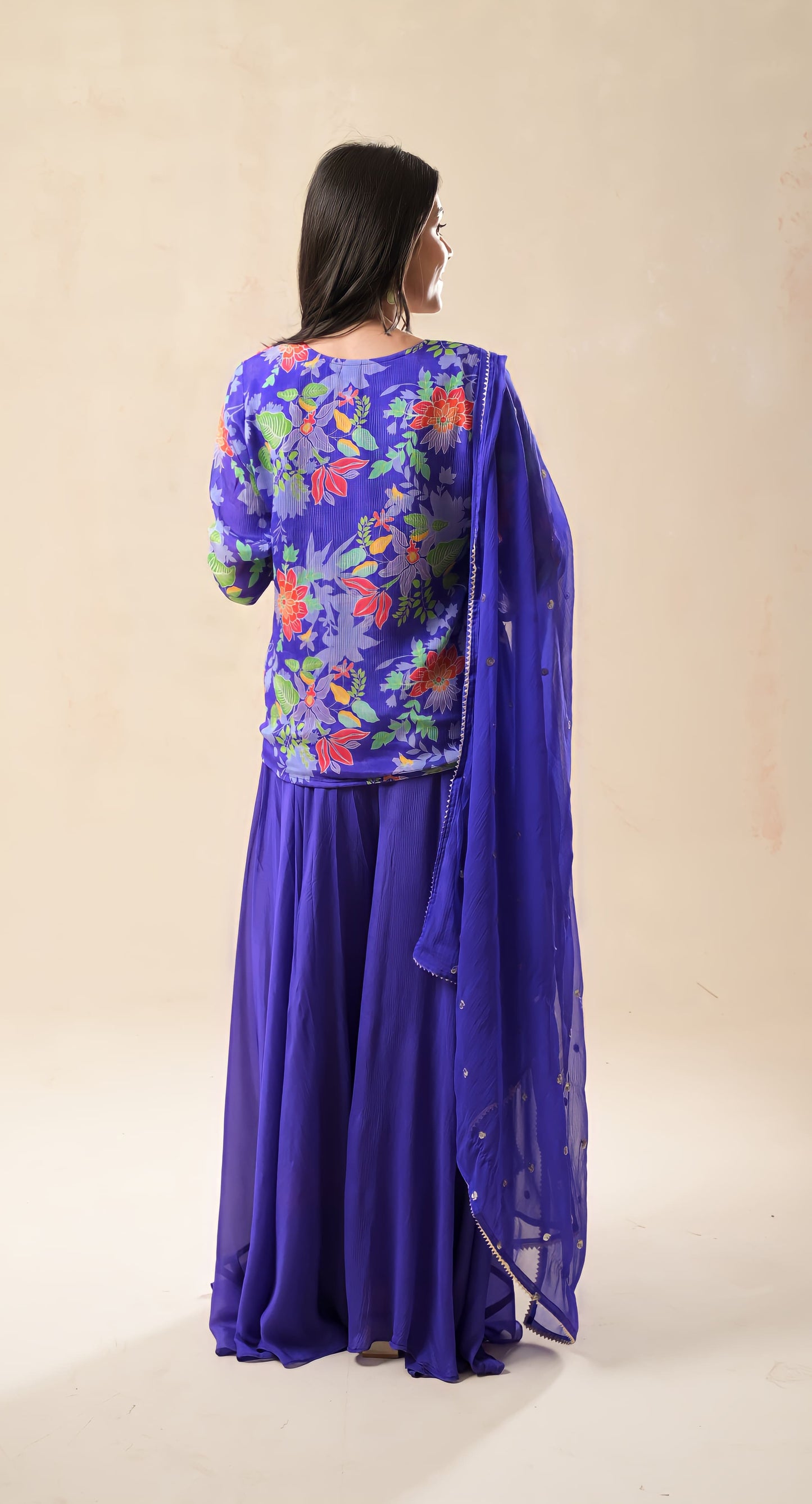 purple, resham embroidery, short top & flare palazzo georgette palazzo/sharara