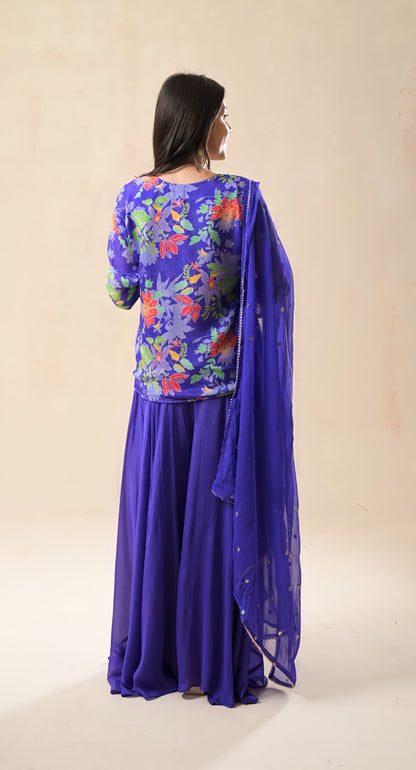 Purple, Resham Embroidery, Short Top & Flare Palazzo Georgette Palazzo/Sharara