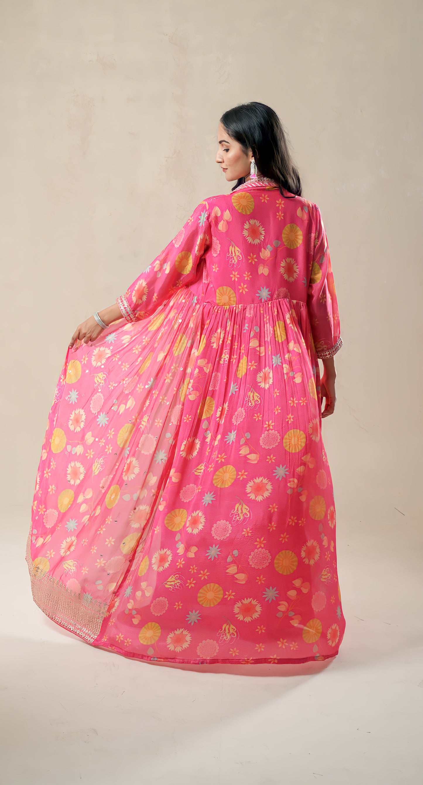 pink, chinon & crepe, floral print, gota patti gown