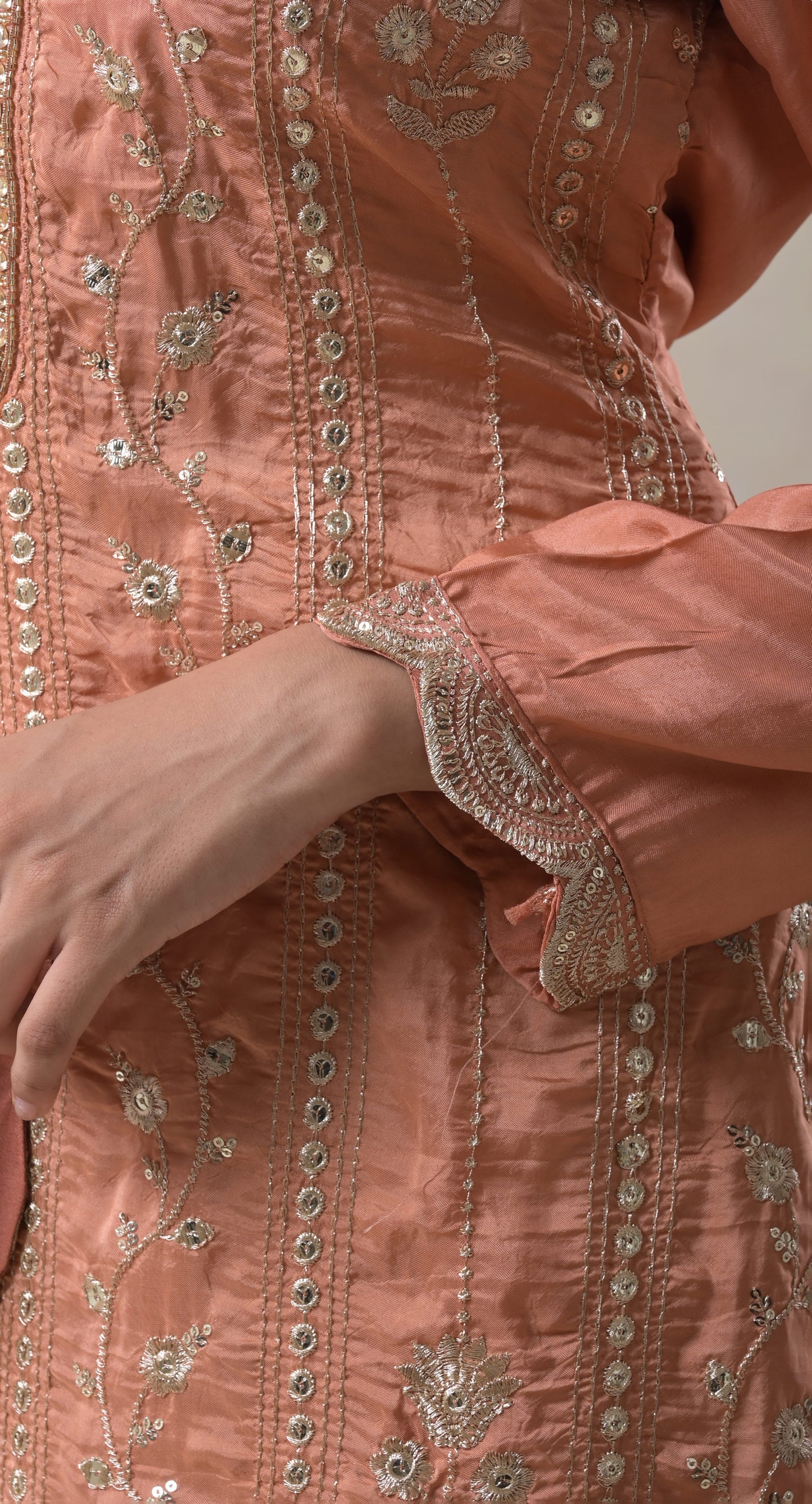 rust, aari work, silk lehnga