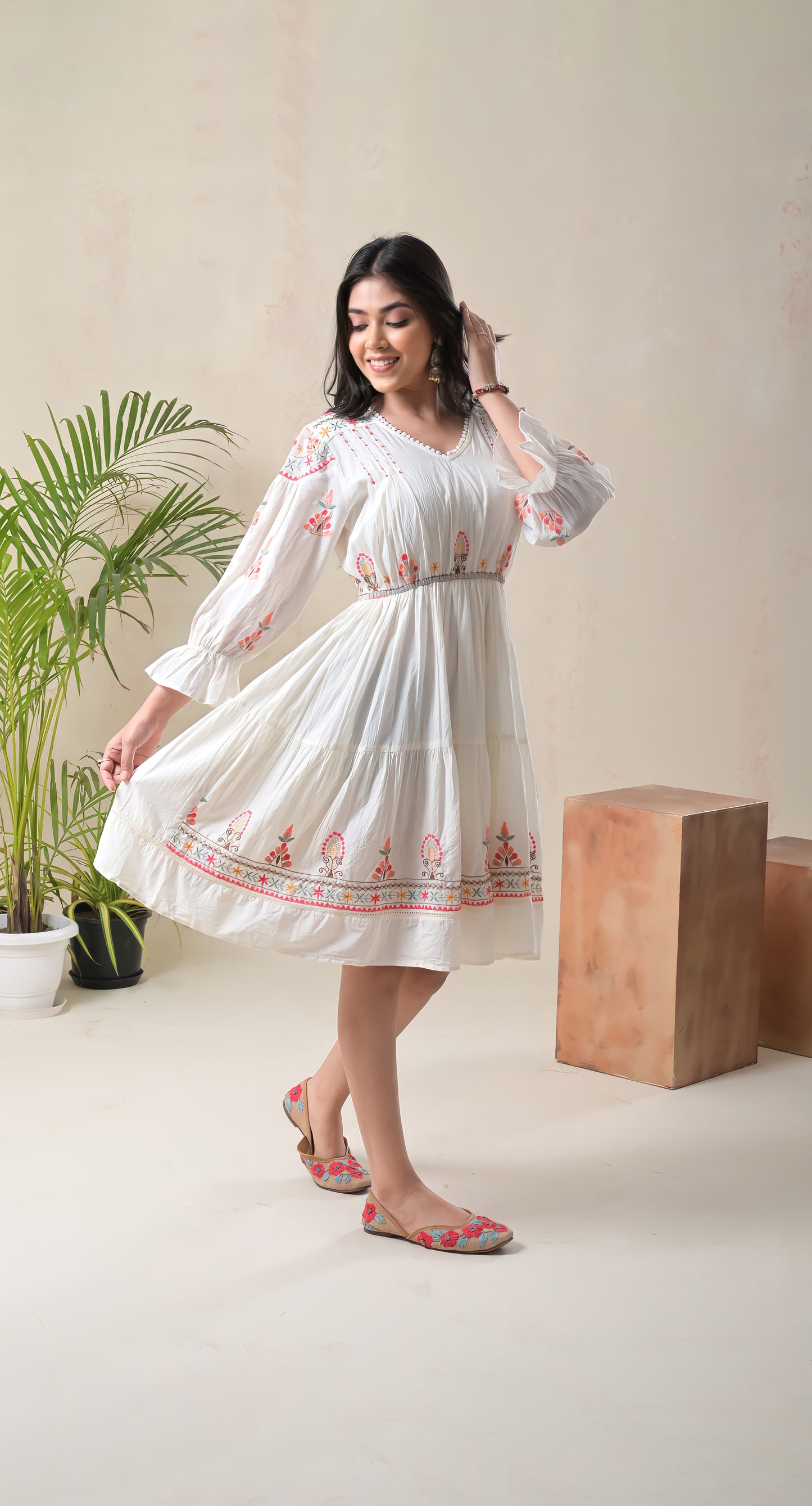 white, resham embroidery, tassels & dori, mul cotton, short dress