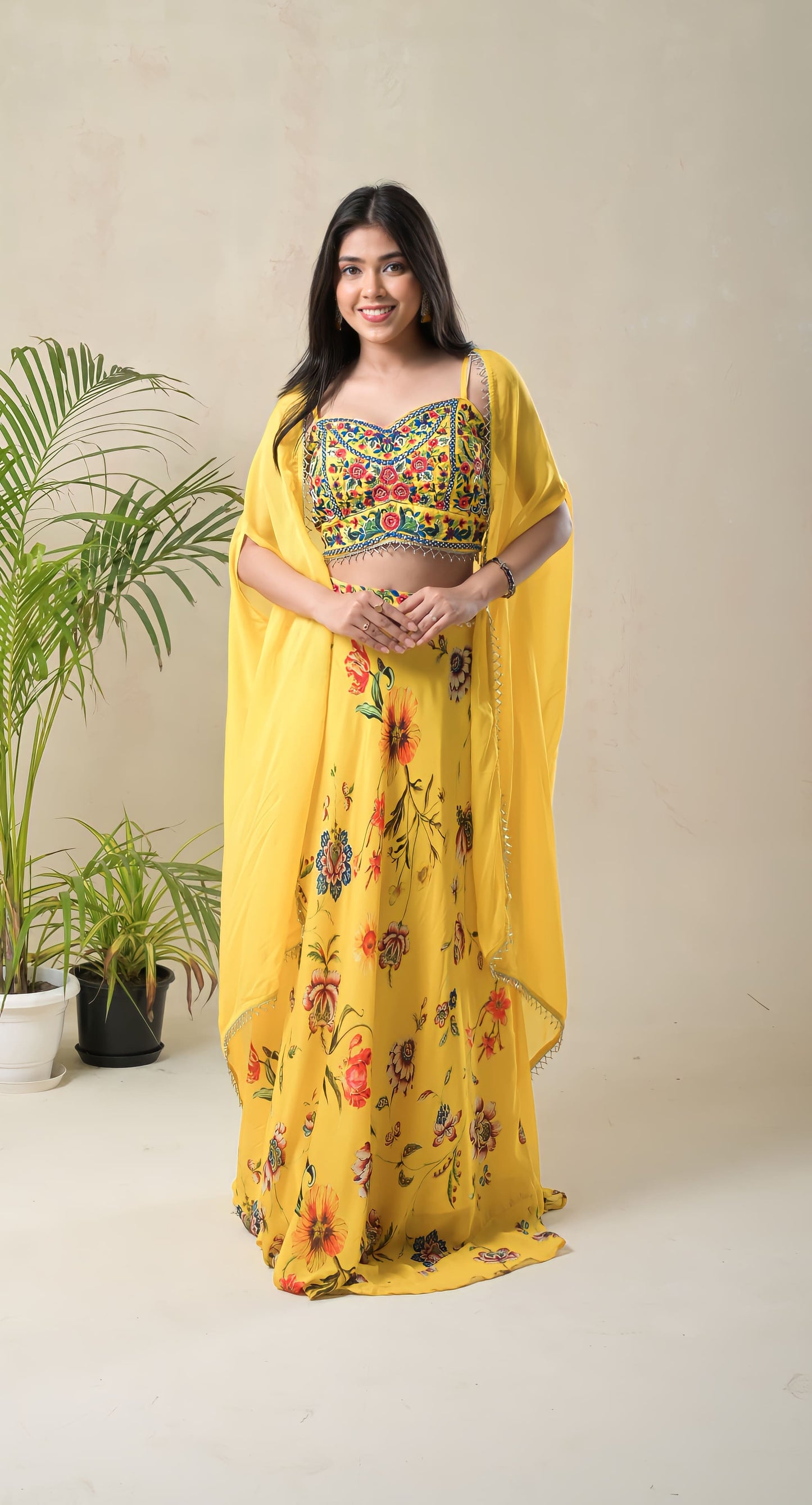 yellow, resham & pearl floral embroidery , georgette skirt set with cape