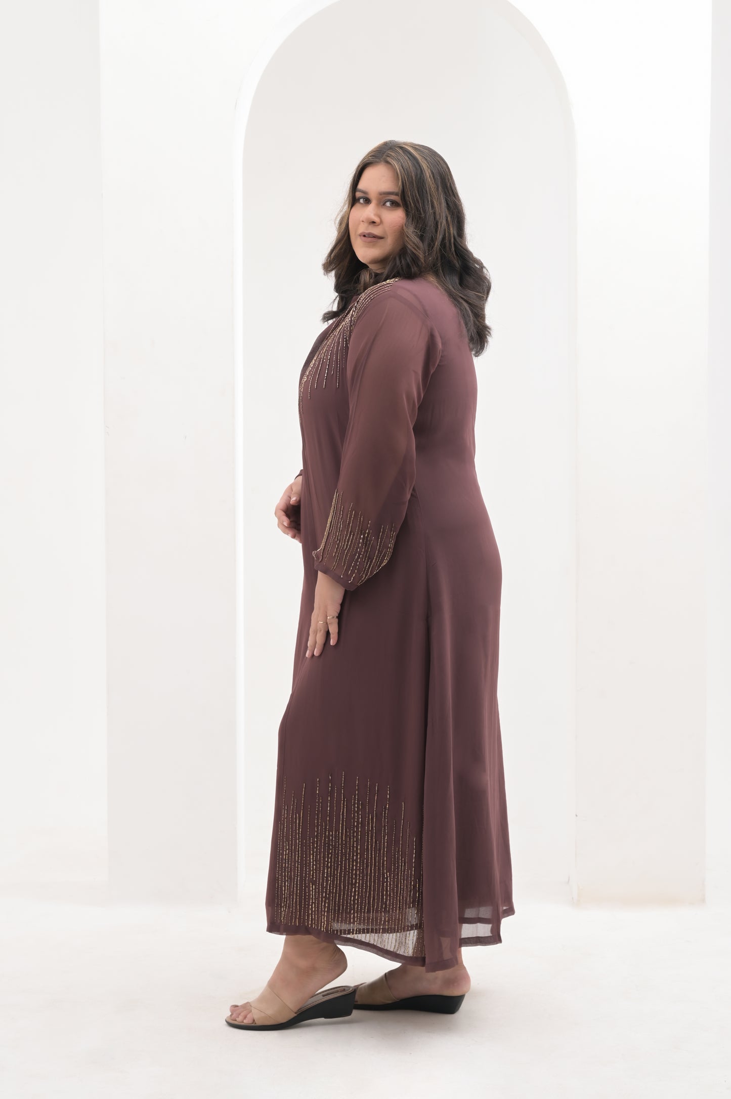 brown, zari & cutdana hand work, viscose georgette, gown.