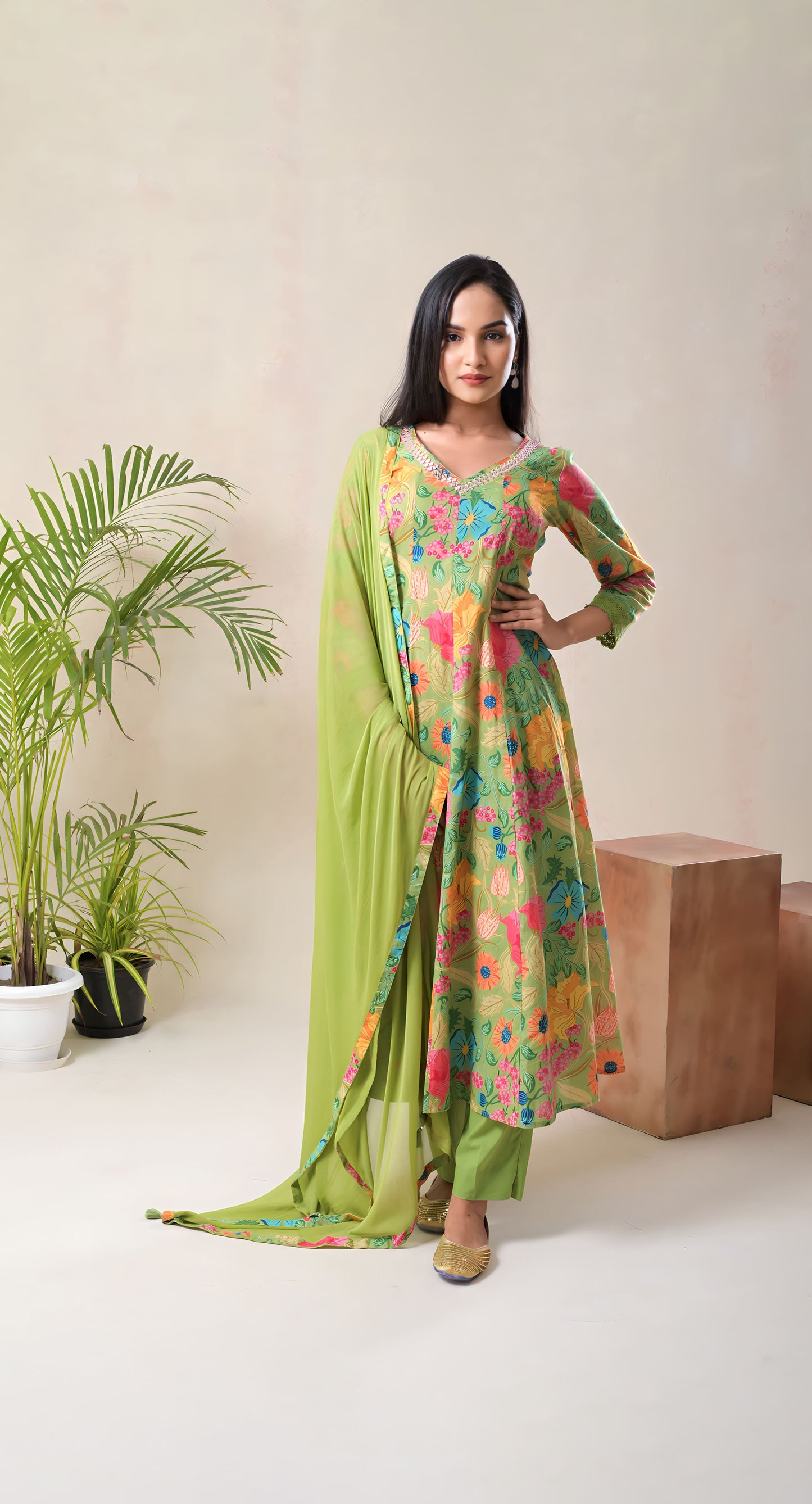 parrot green, mirror work, anarkali, floral printed, mirror work, cotton suit