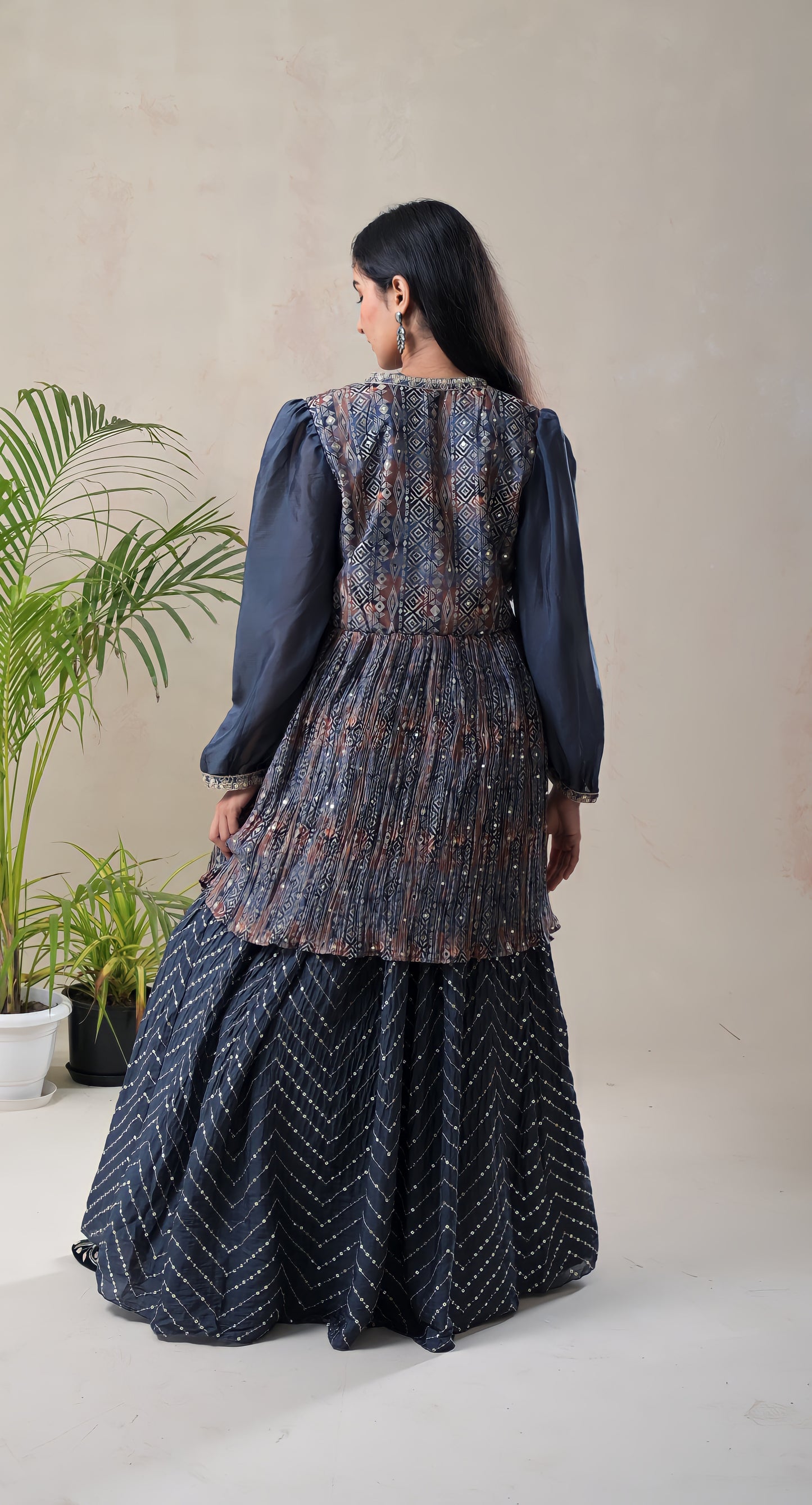 greyish blue, sequence work, jacket style, georgette, lehnga with crop top