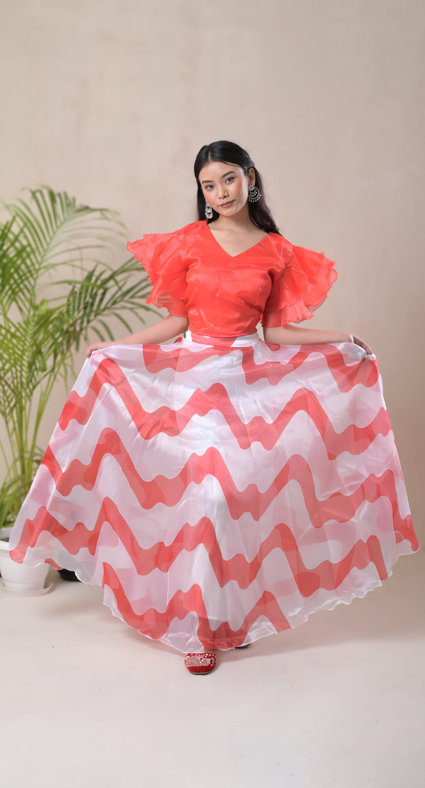 orange, ruffle sleeve blouse & digital abstract  print skirt, organza skirt set