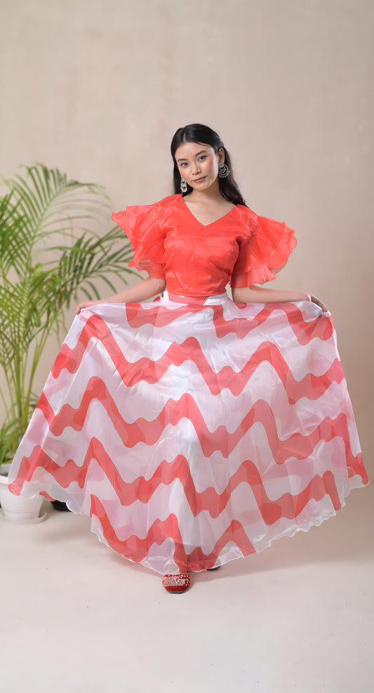 Orange, Ruffle Sleeve Blouse & Digital Abstract  Print Skirt, Organza Skirt Set