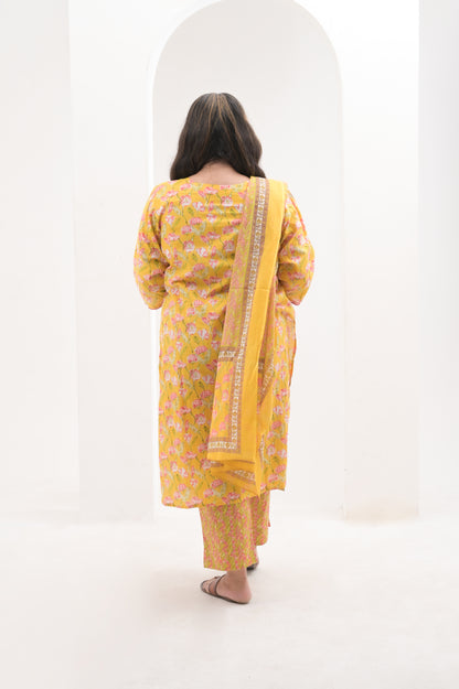 Yellow with Pink highlights, Mirror Work on net, Cotton Floral print  Suit Set