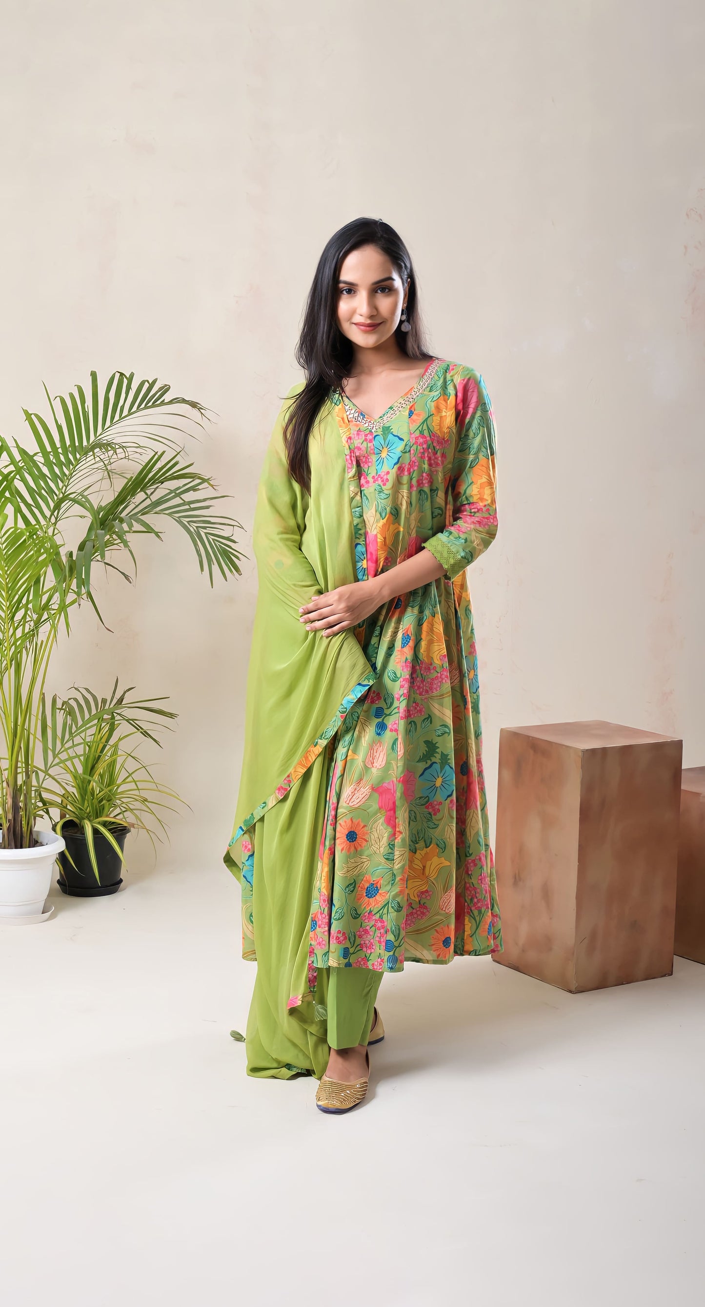 parrot green, mirror work, anarkali, floral printed, mirror work, cotton suit