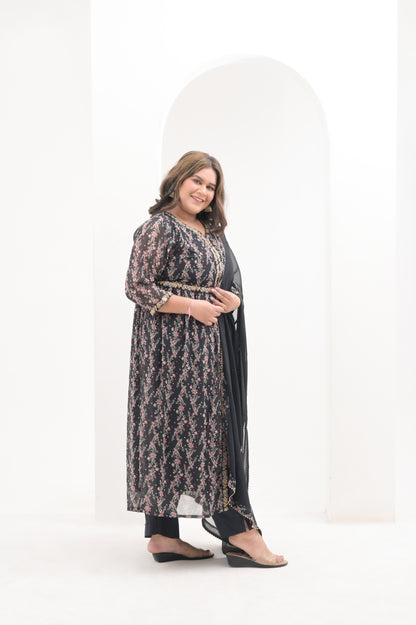 Black, Floral Print, Front Slit, Thread Embroidered, Straight Pants, Georgette Suit Set