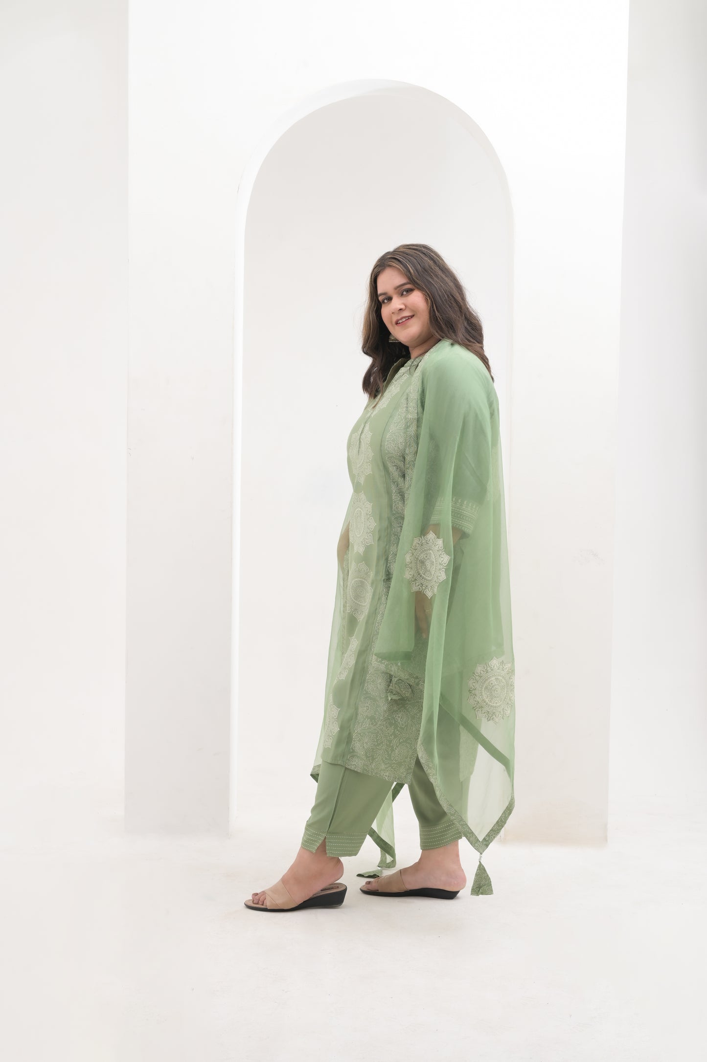 pista green, block print ,  chanderi cotton straight suit