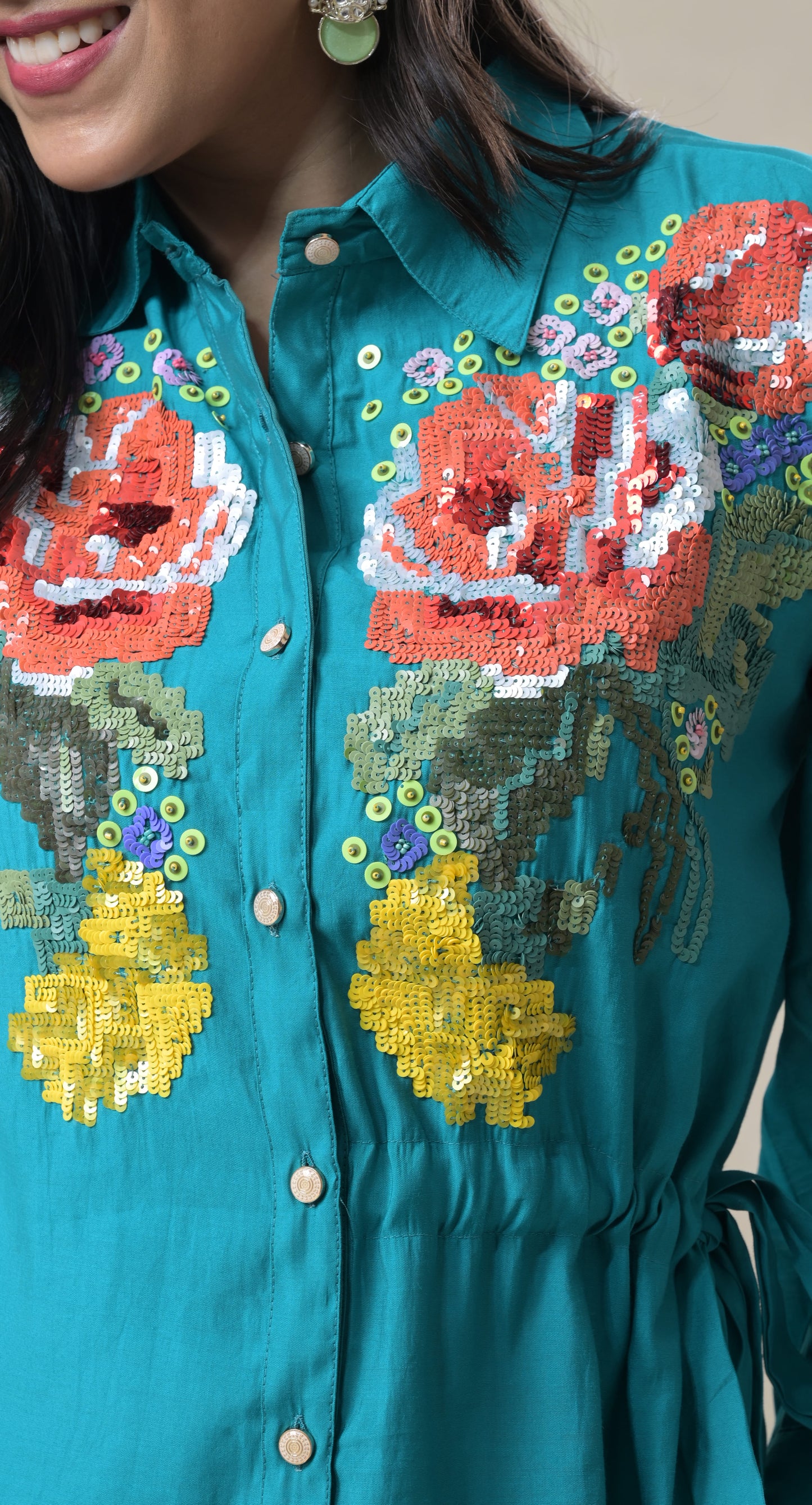 aqua blue,  floral, sequins embroidered, cotton, co-rd set